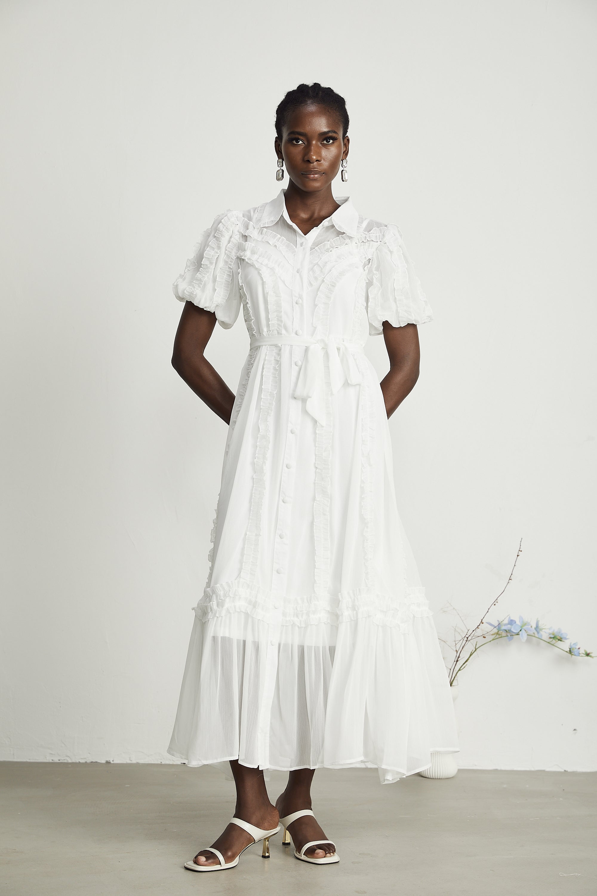 Lorina white ruffled midi dress