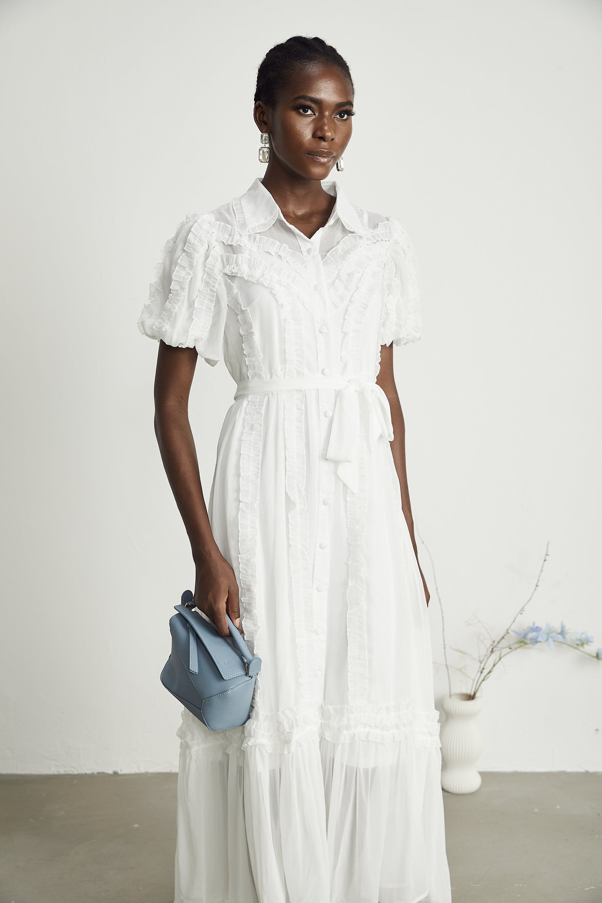 Lorina white ruffled midi dress