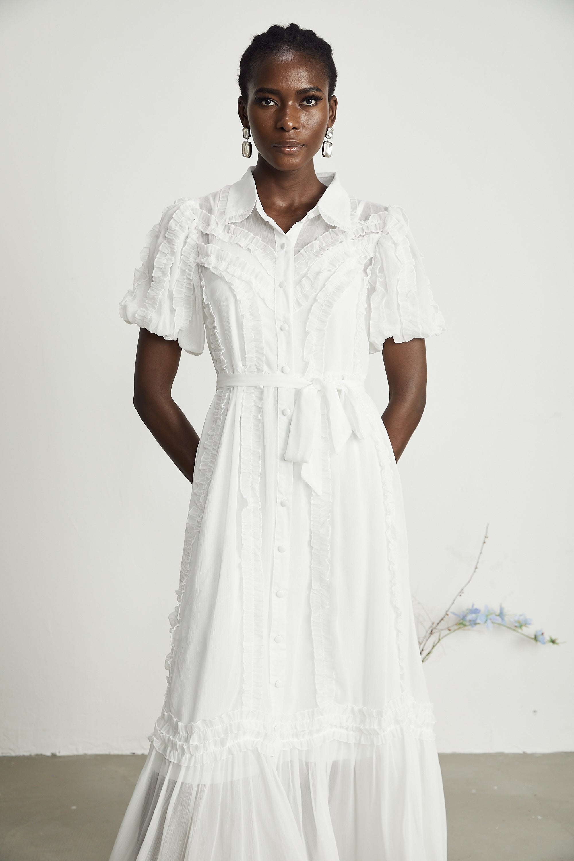 Lorina white ruffled midi dress