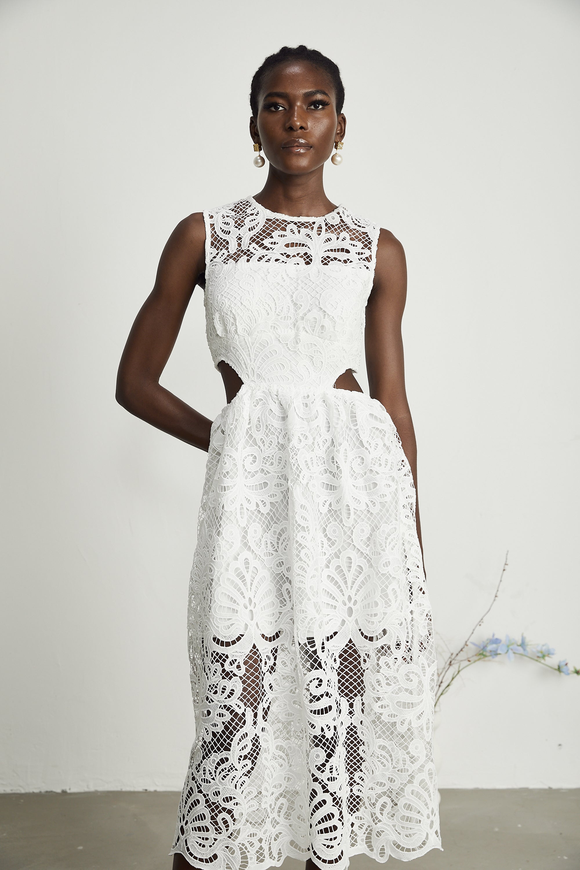 Emma guipure-lace sleeveless midi dress