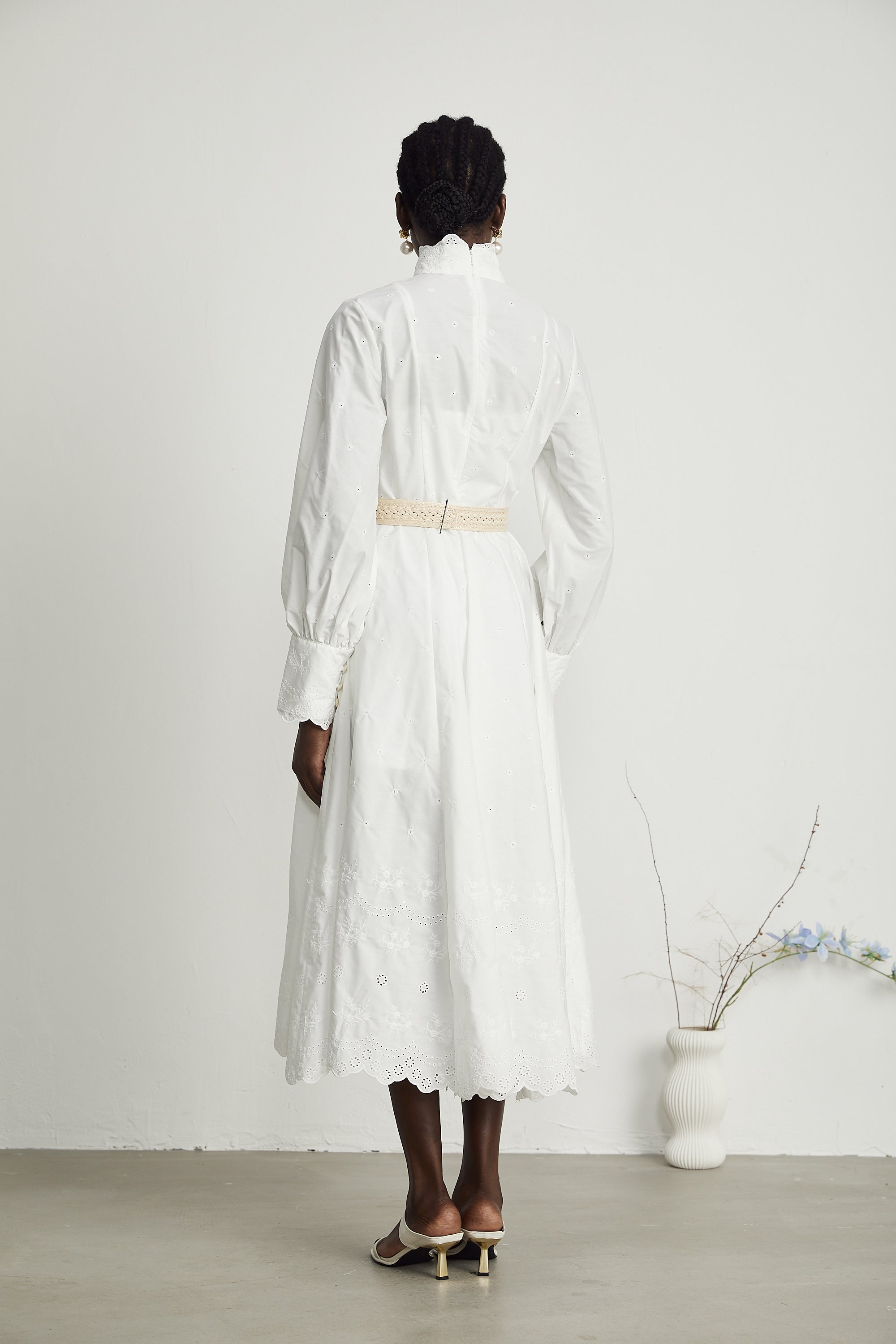 Apolline lace-trim belted-waist midi dress