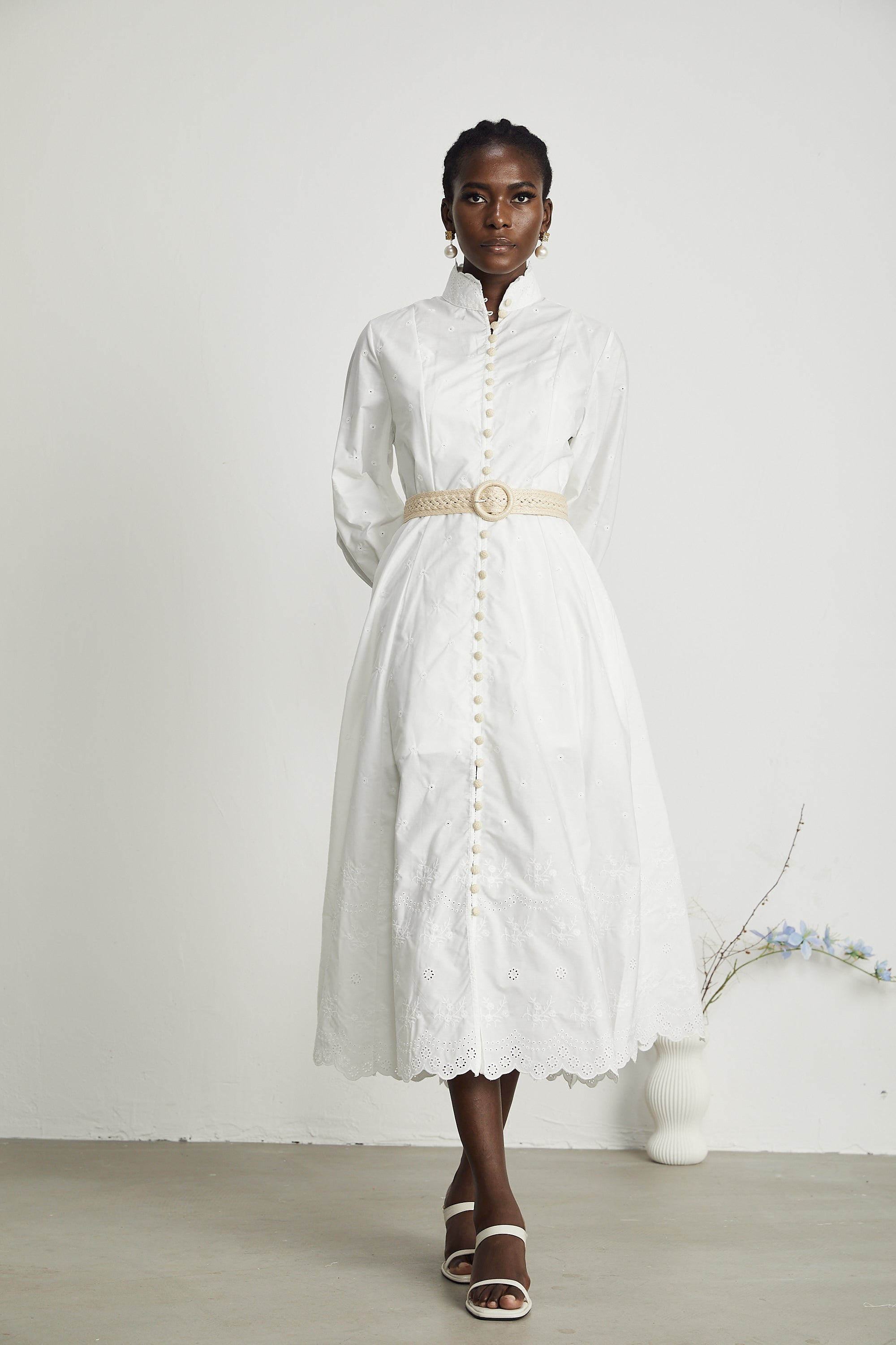 Apolline lace-trim belted-waist midi dress