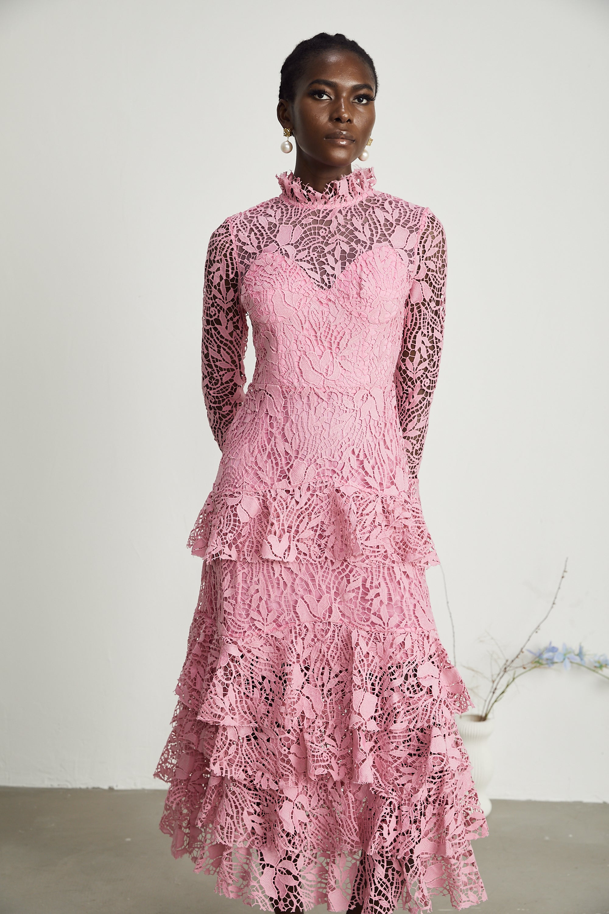 Caribe pink ruffled tiered midi dress