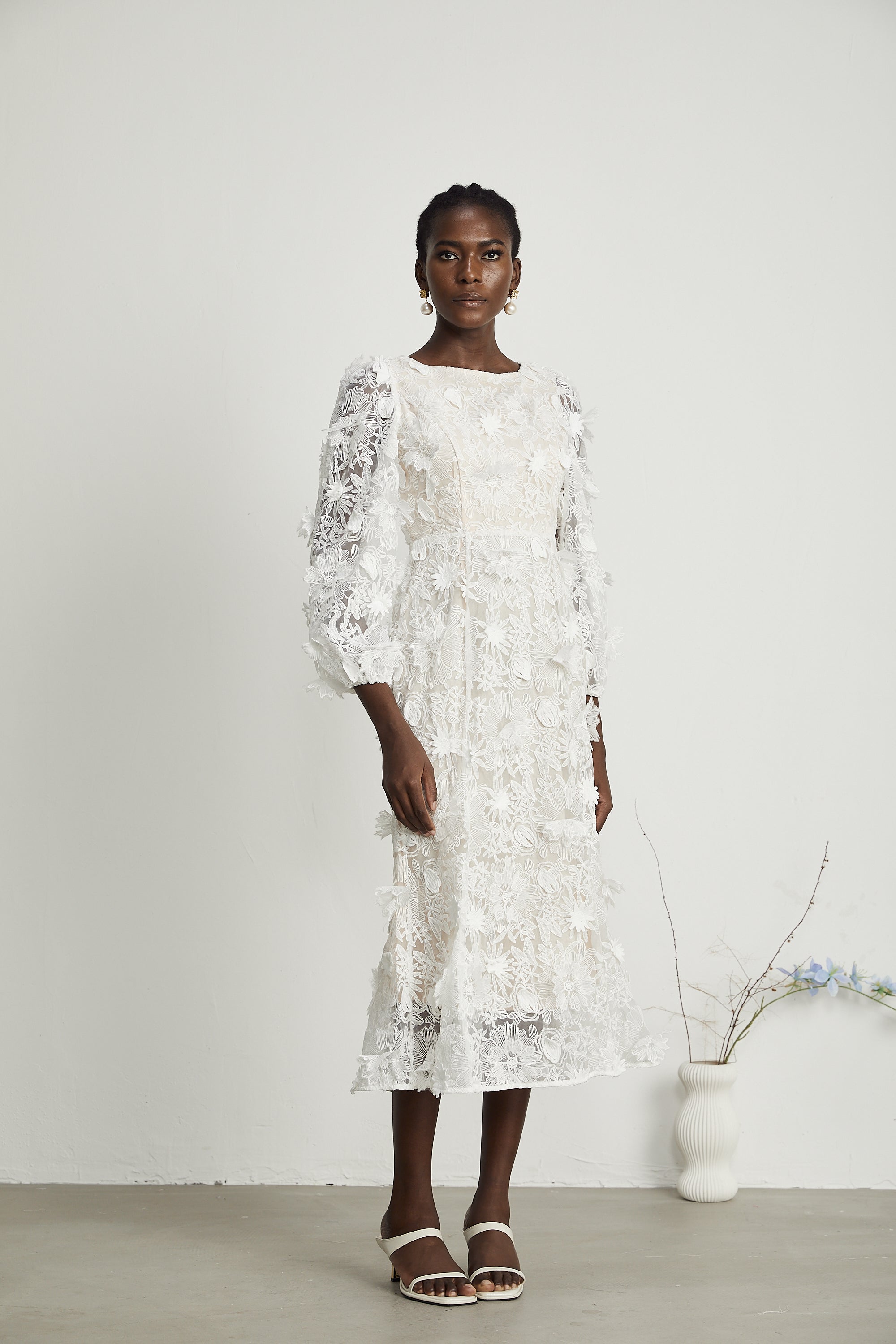 Éliane white faux-floral semi-sheer midi dress