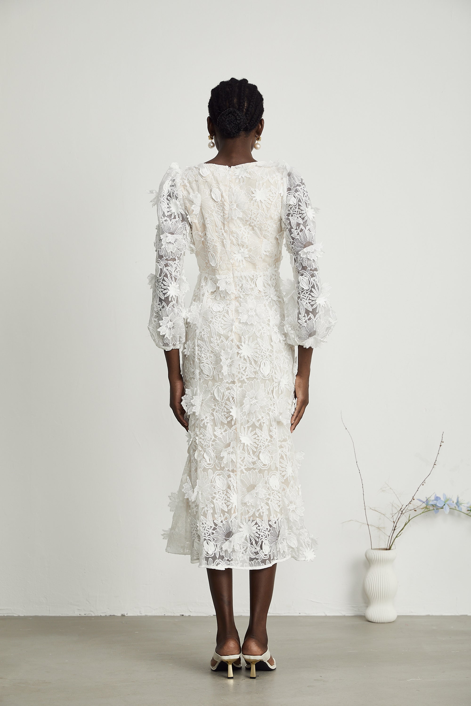 Éliane white faux-floral semi-sheer midi dress