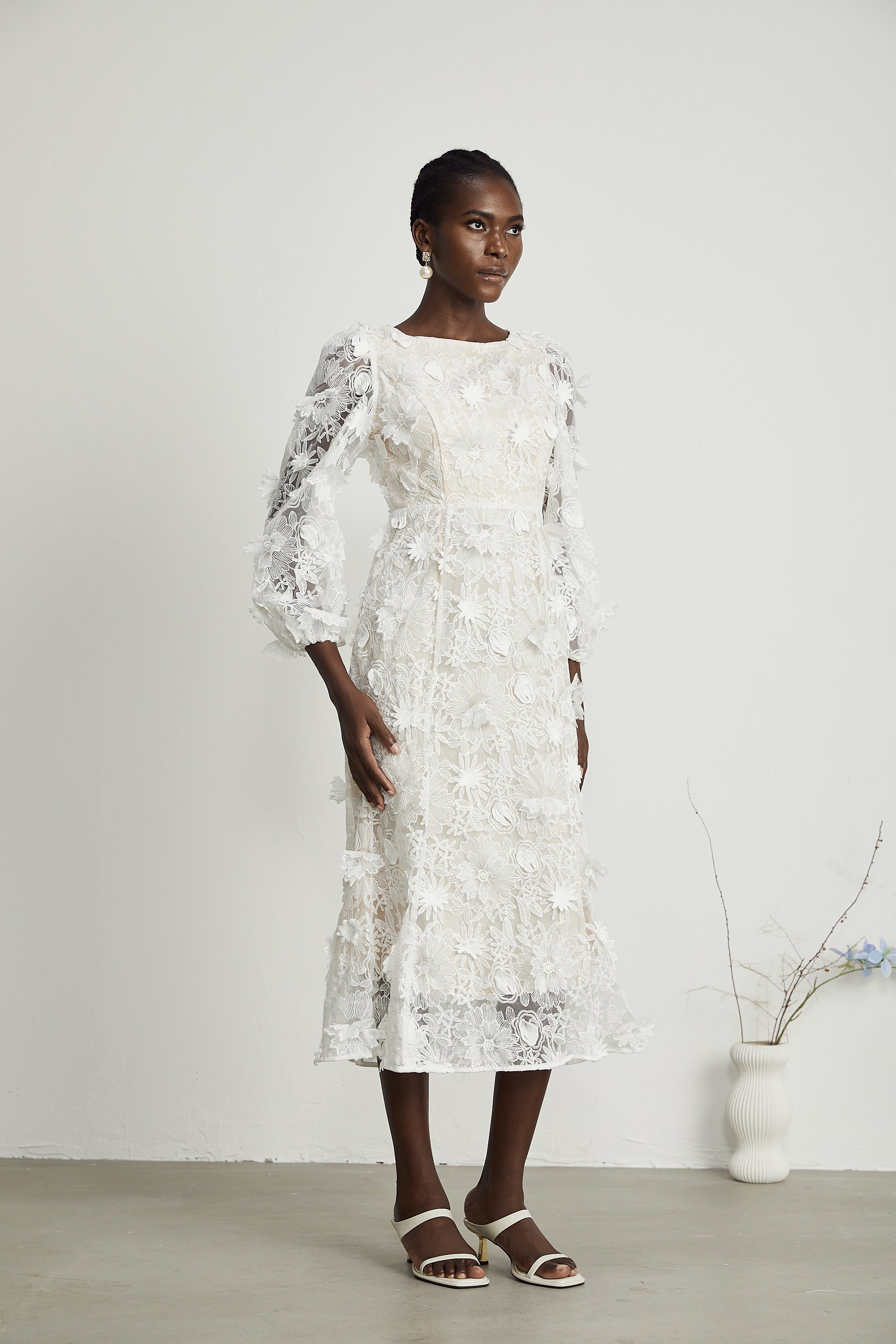 Éliane white faux-floral semi-sheer midi dress