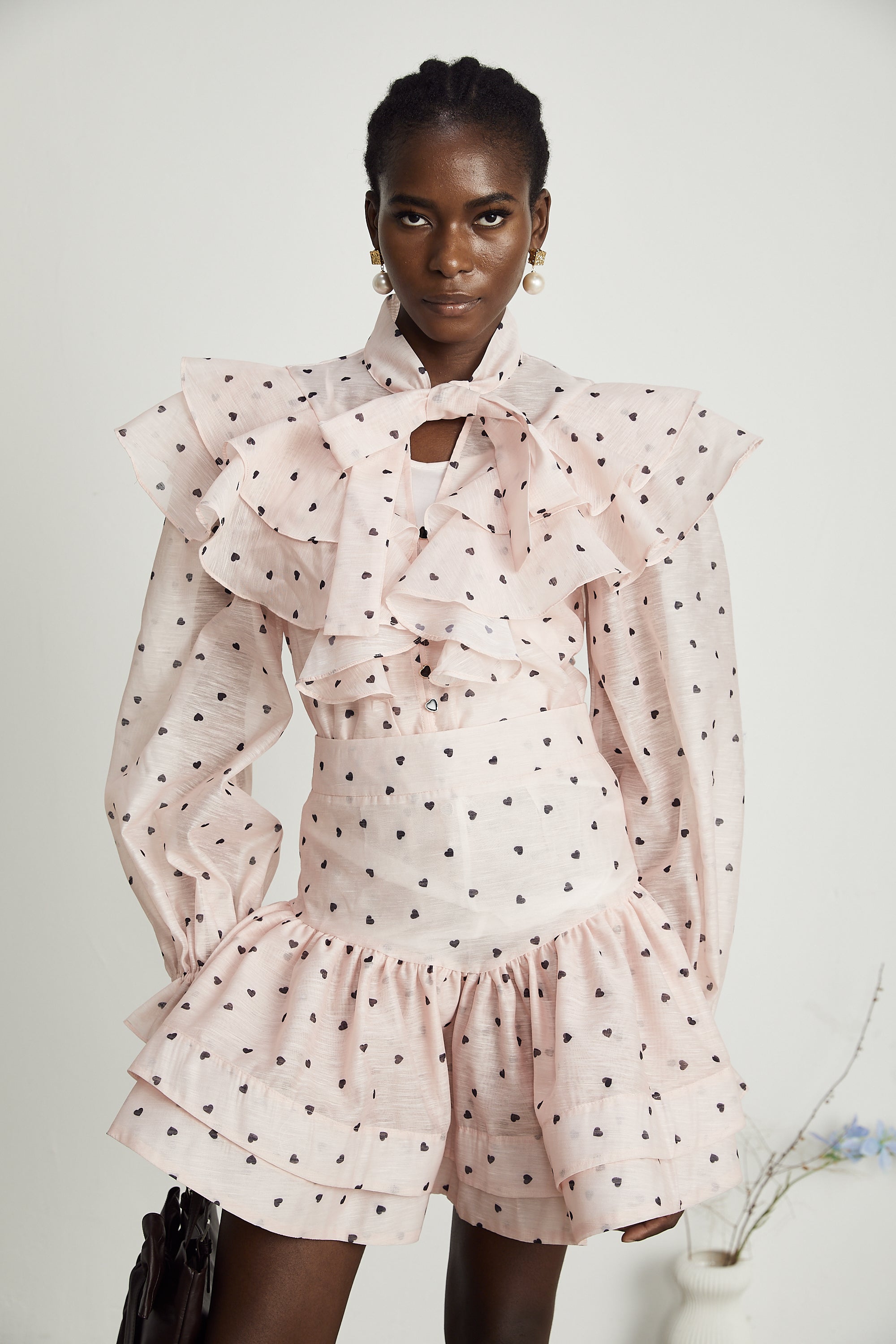 Nadia heart-print blouse & skirt matching set in Pink