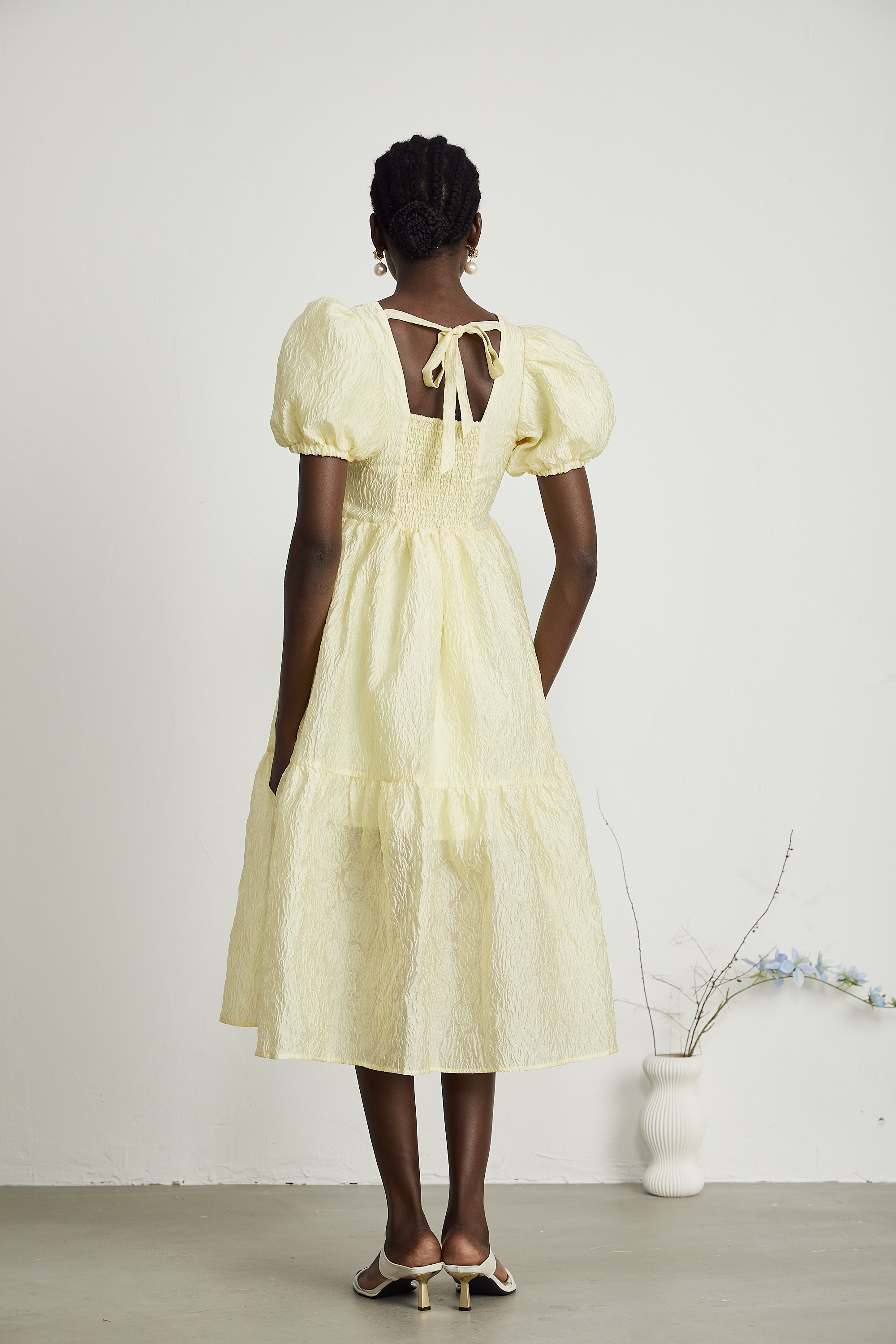 Elizabeth yellow jacquard midi dress