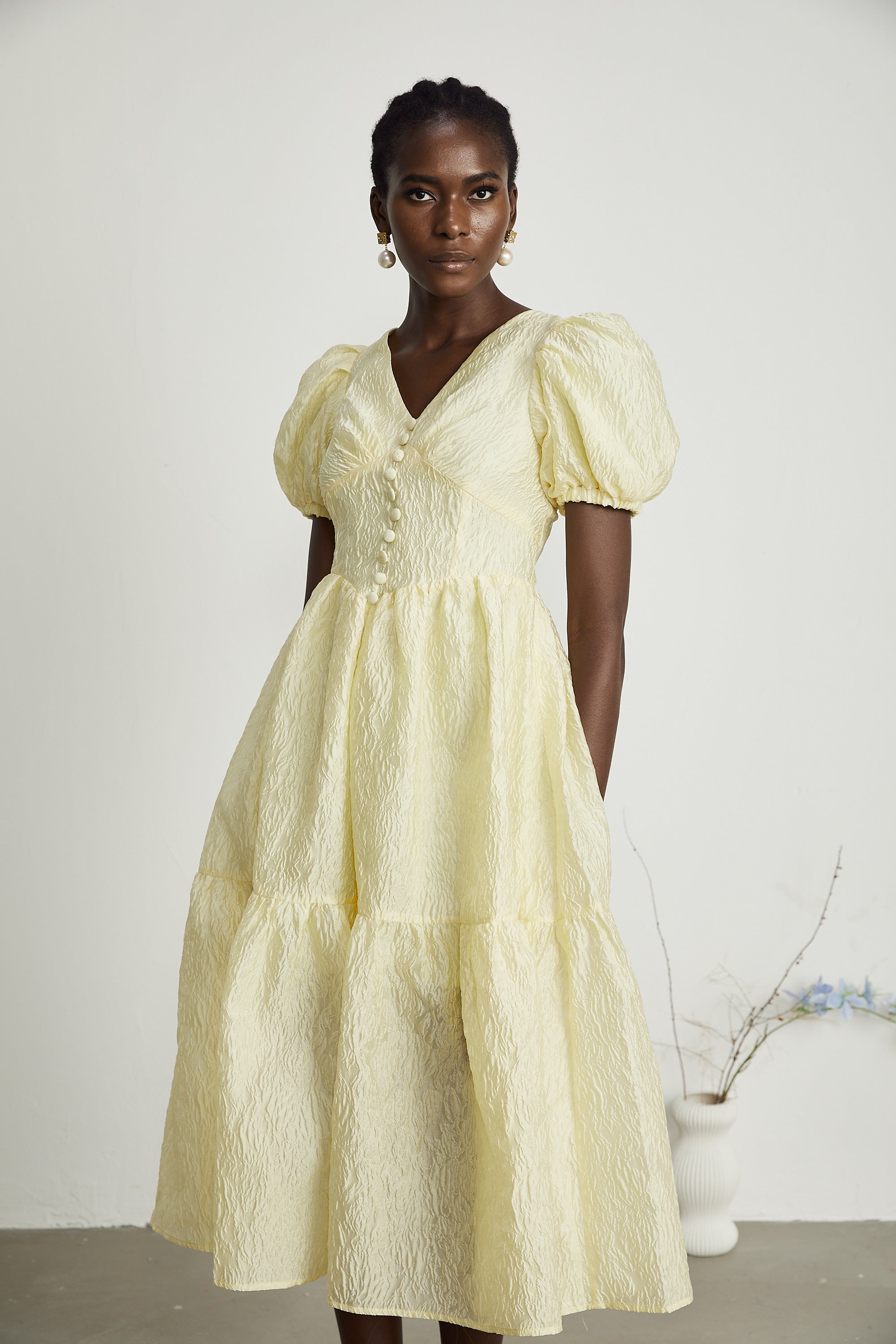 Elizabeth yellow jacquard midi dress