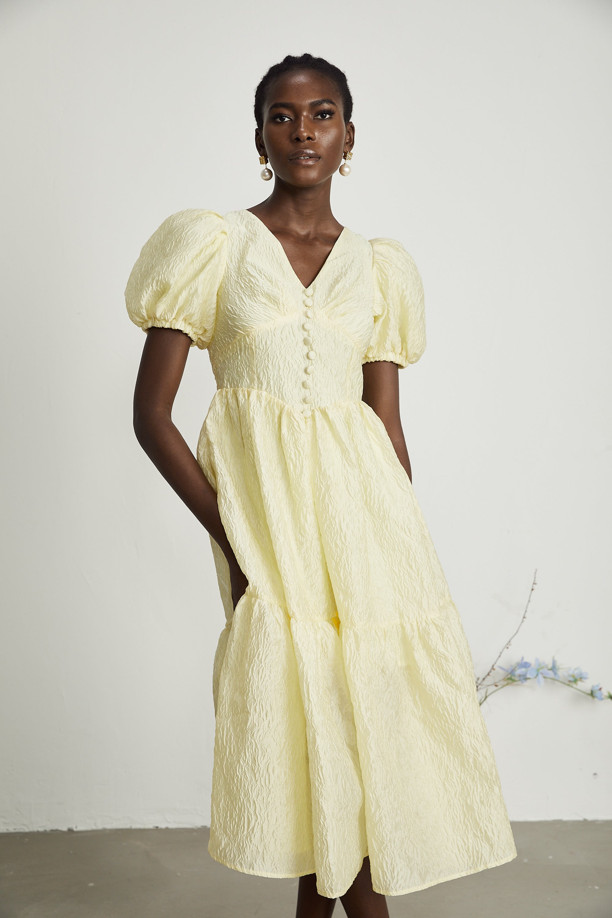 Elizabeth yellow jacquard midi dress