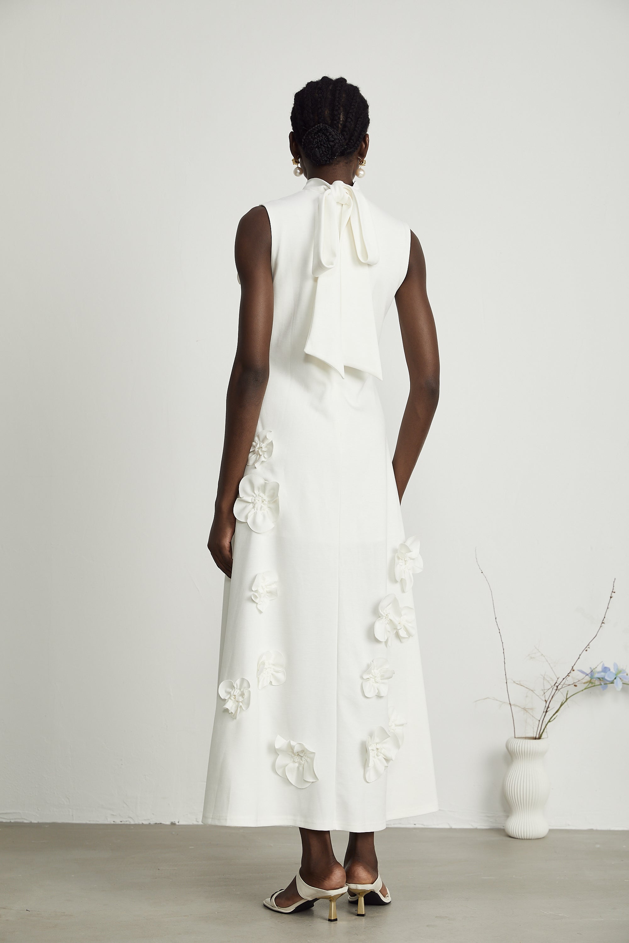 Magali bow-tie faux-flower embellished sleeveless maxi dress in White