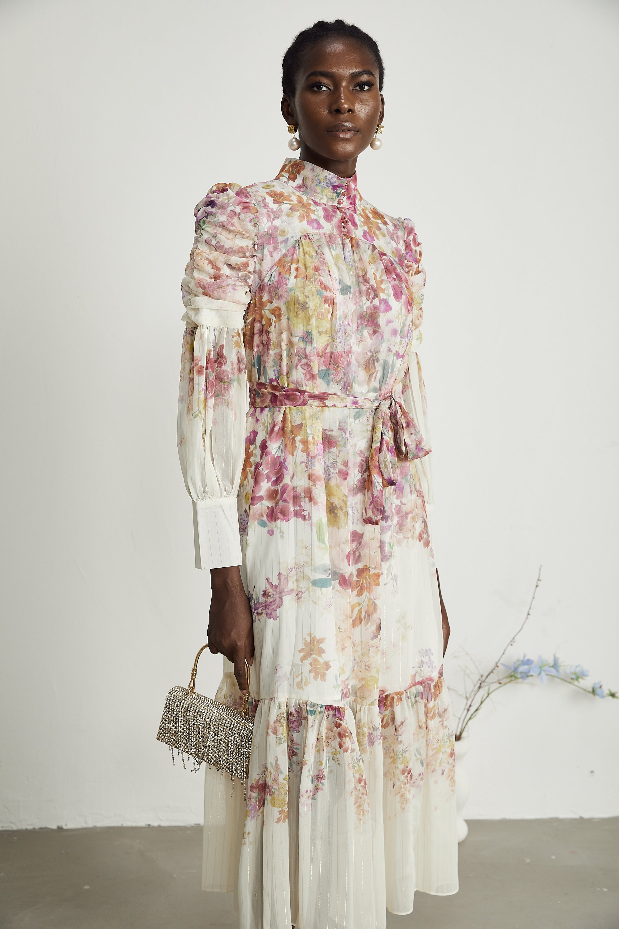 Céleste belted waist floral-print midi dress