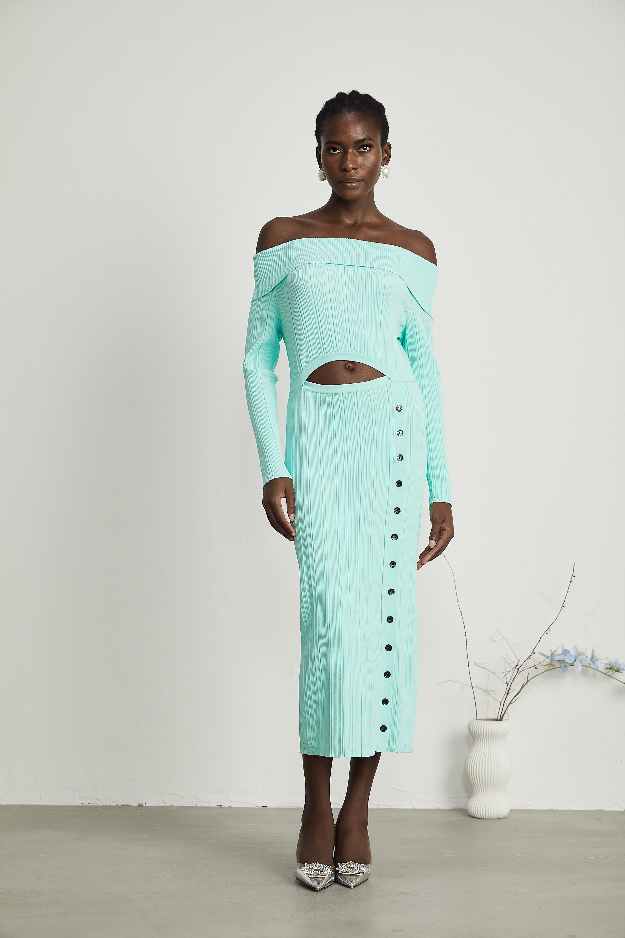 Carmen off-shoulder knitted midi dress