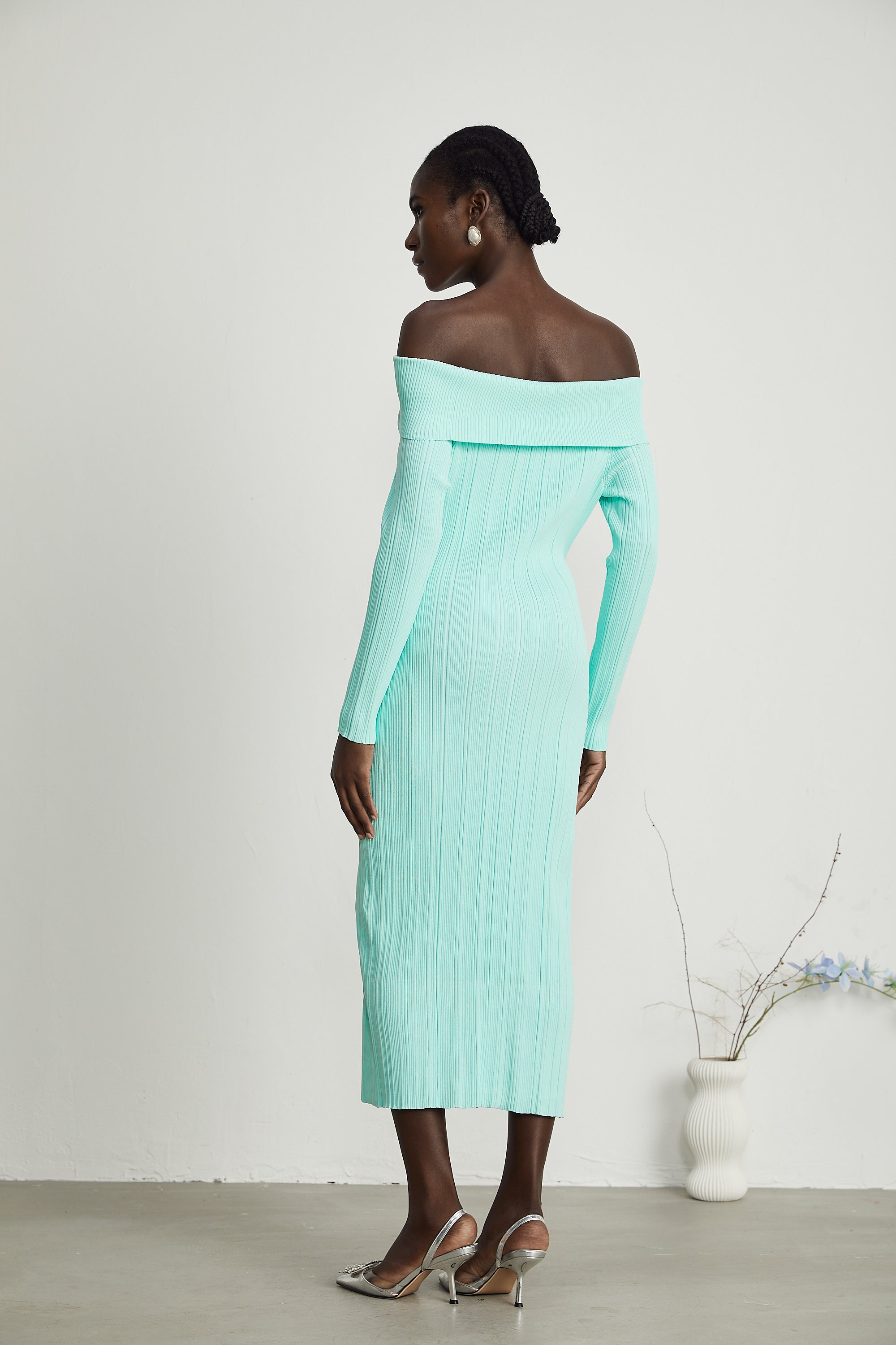 Carmen off-shoulder knitted midi dress