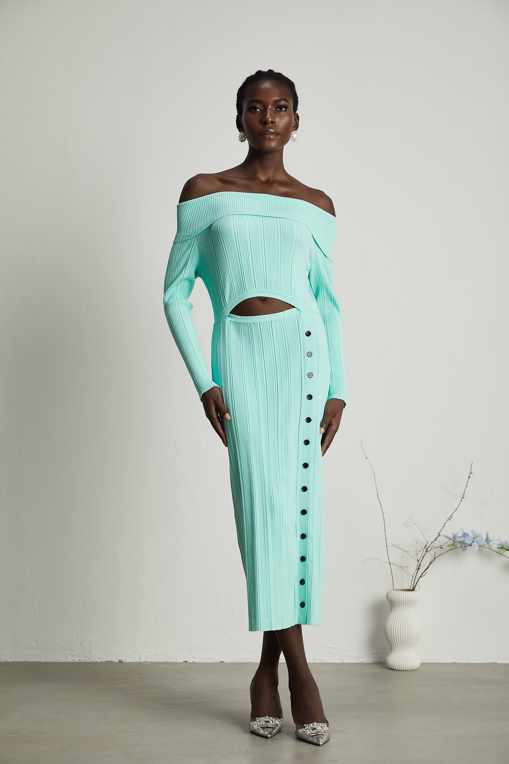 Carmen off-shoulder knitted midi dress