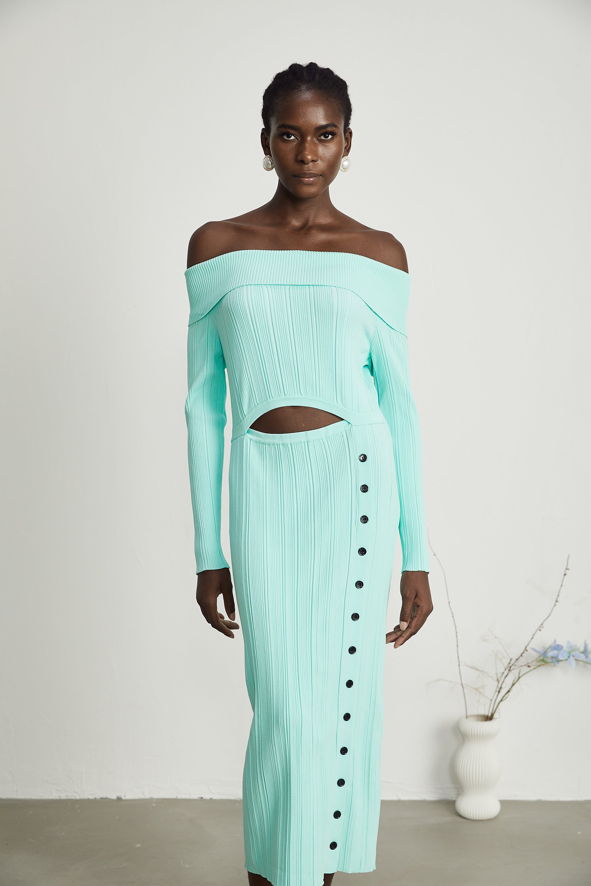 Carmen off-shoulder knitted midi dress