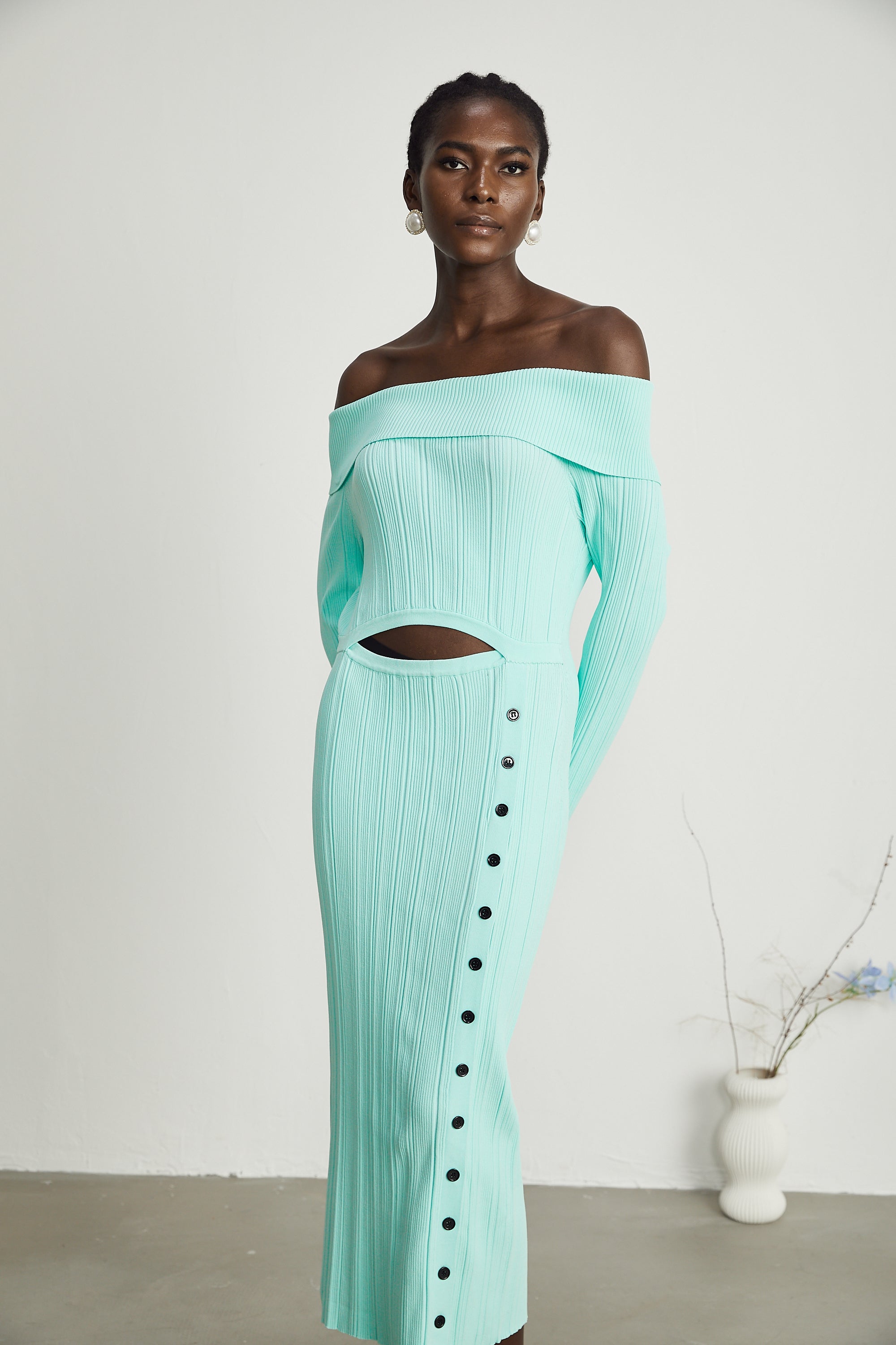 Carmen off-shoulder knitted midi dress