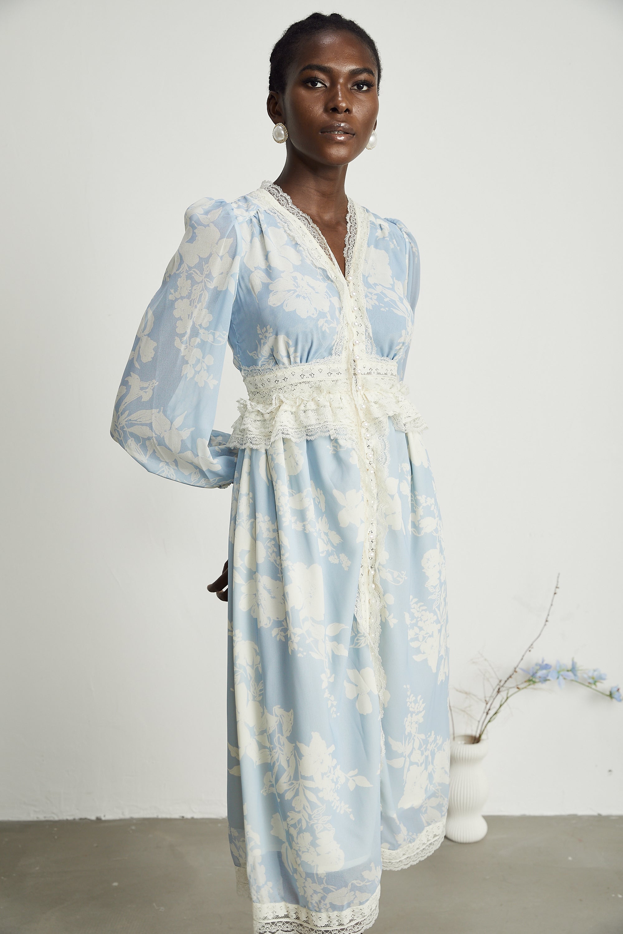 Ondine faux-pearl floral-print lace midi dress