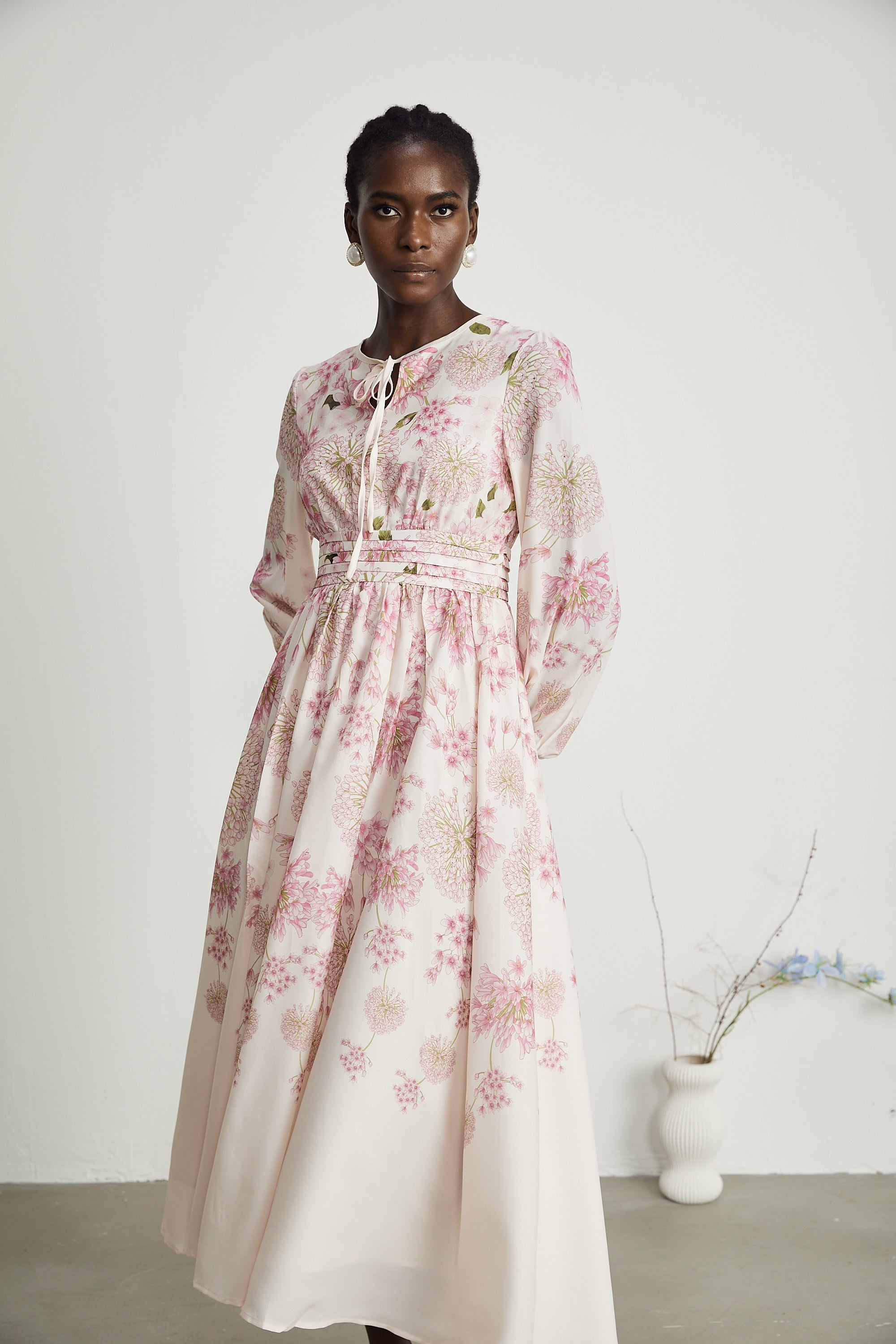 Yvette pink floral-print midi dress