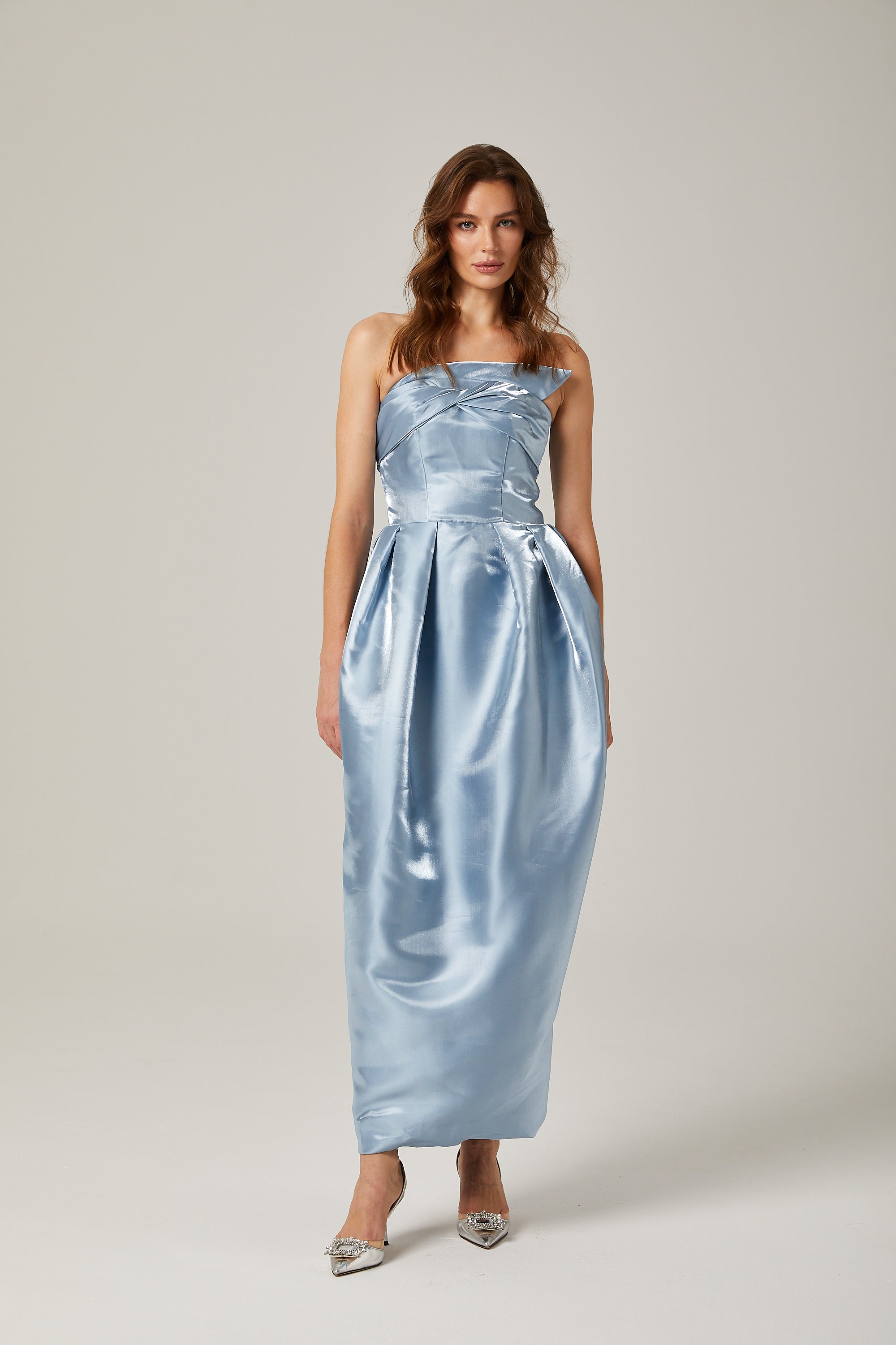 Cynthia blue asymmetric off-shoulder maxi dress