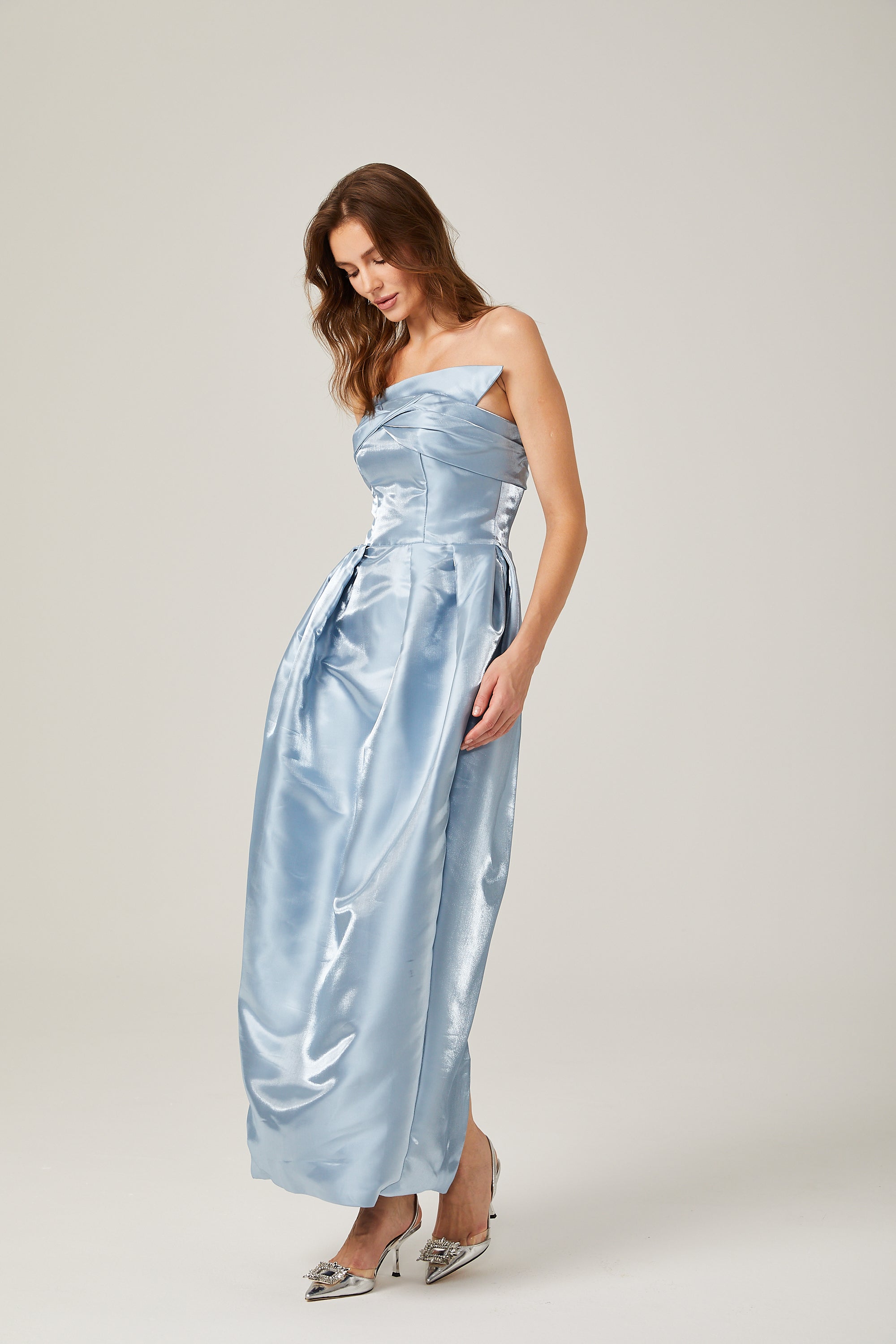 Cynthia blue asymmetric off-shoulder maxi dress