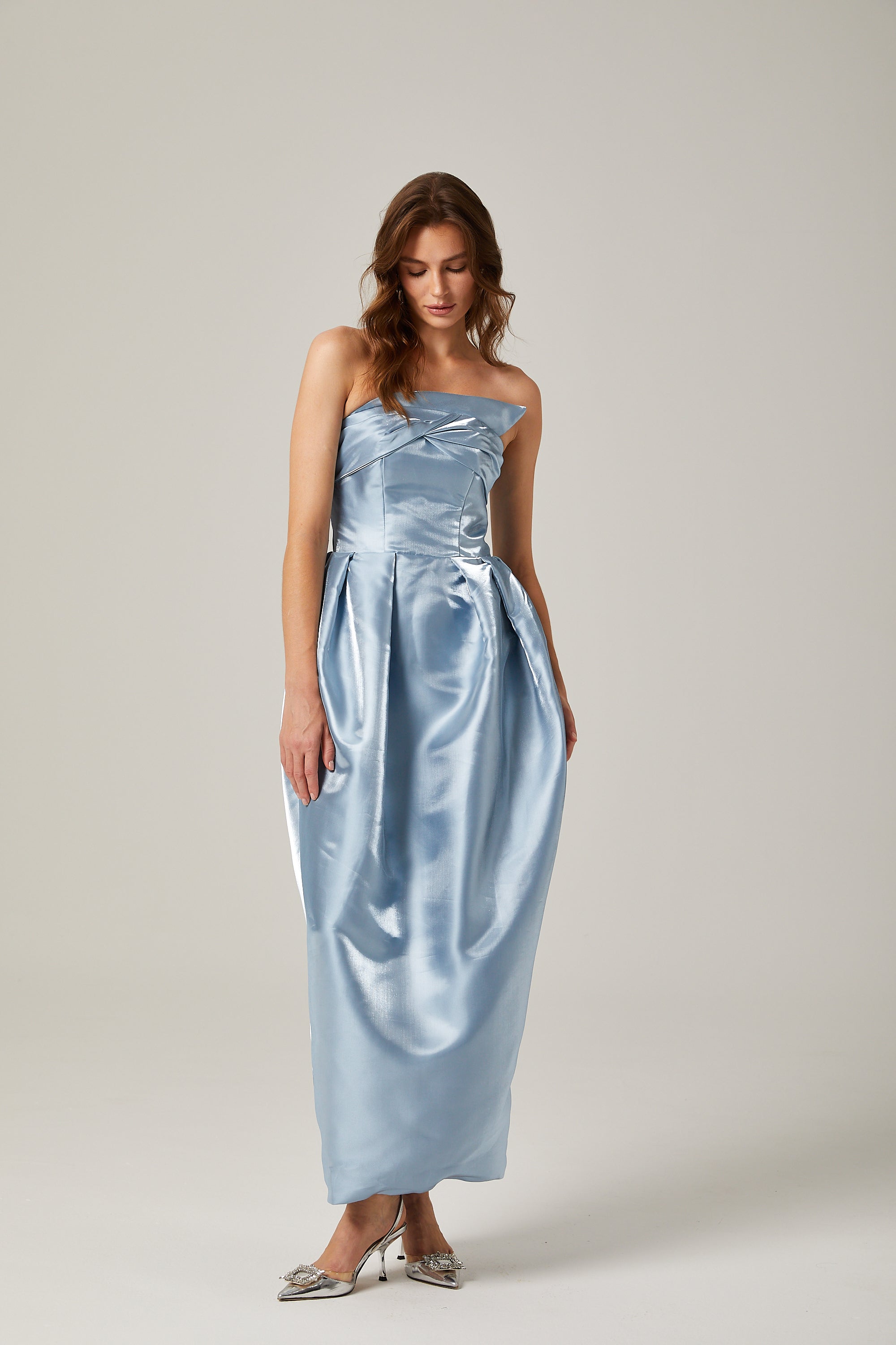 Cynthia blue asymmetric off-shoulder maxi dress