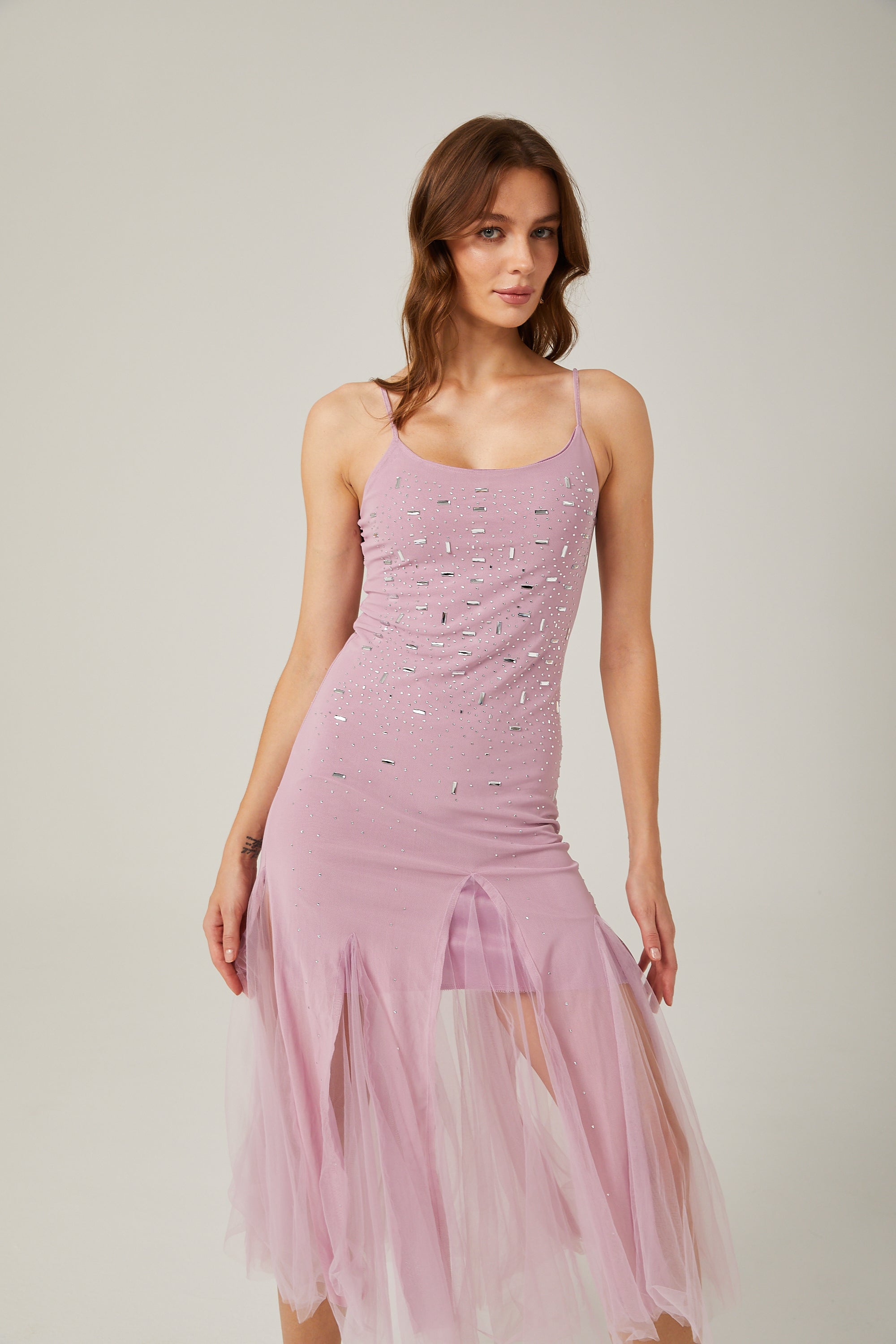 Axelle purple embellished mesh midi dress