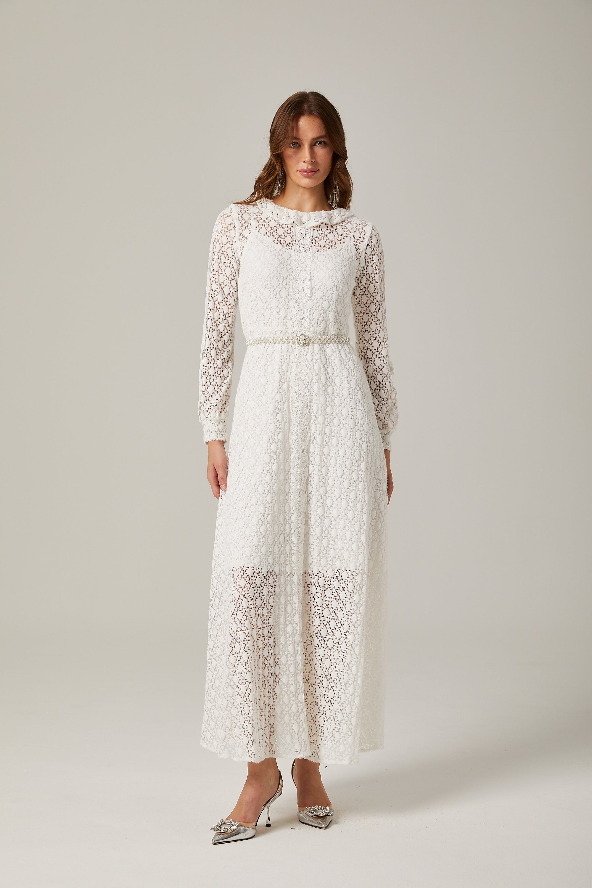 Aélis faux-pearl embellished lace-trim midi dress