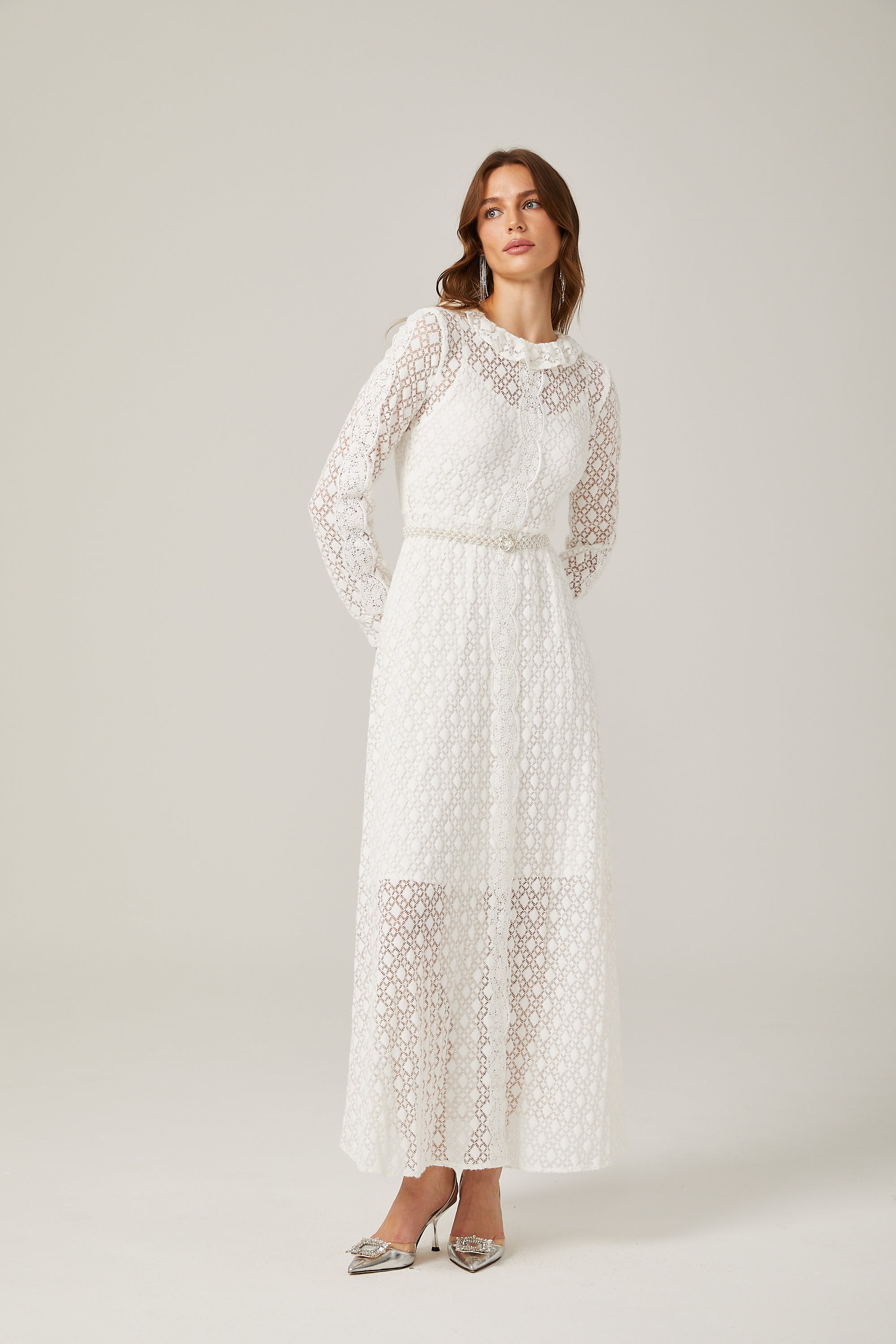 Aélis faux-pearl embellished lace-trim midi dress