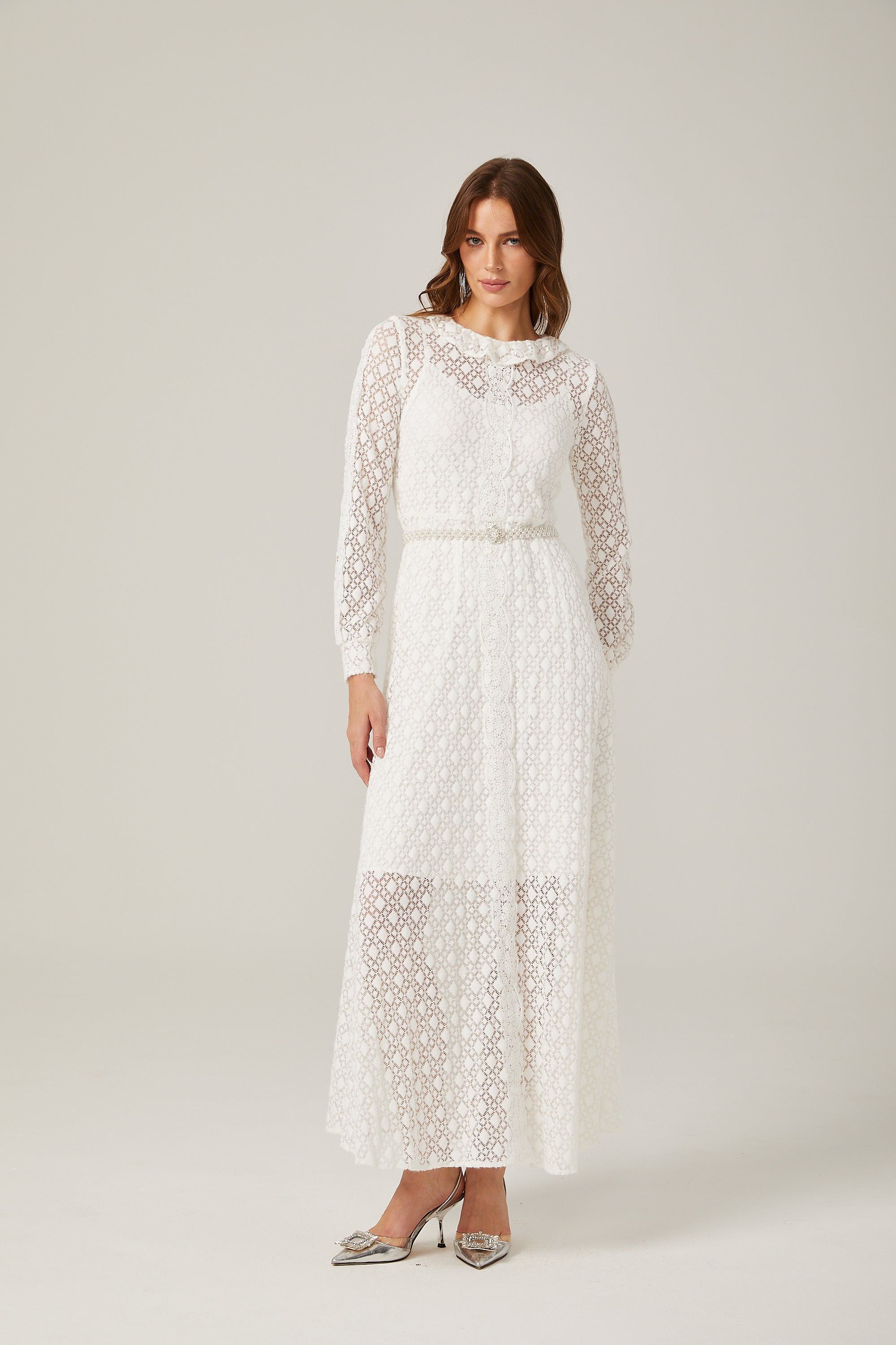 Aélis faux-pearl embellished lace-trim midi dress