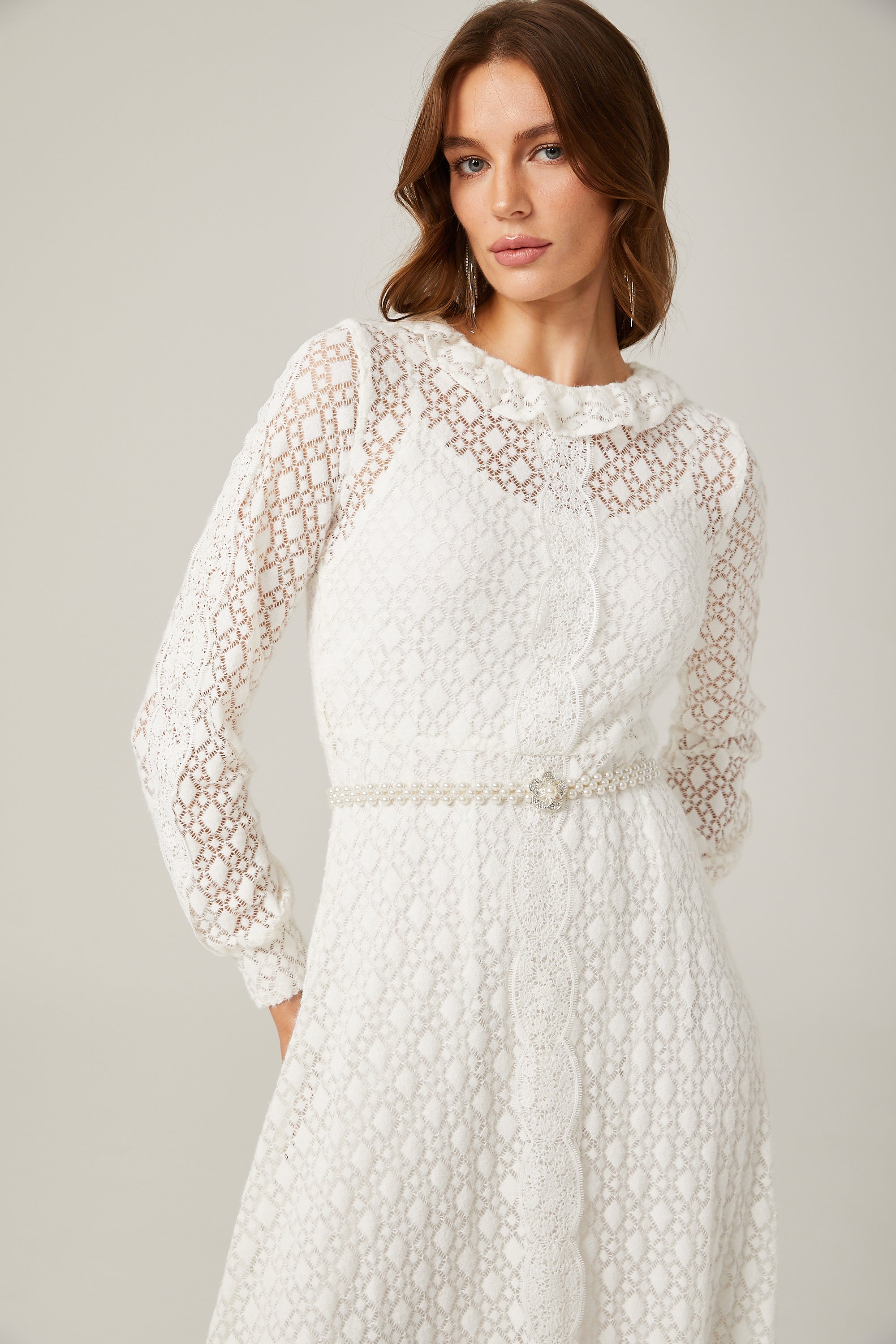 Aélis faux-pearl embellished lace-trim midi dress