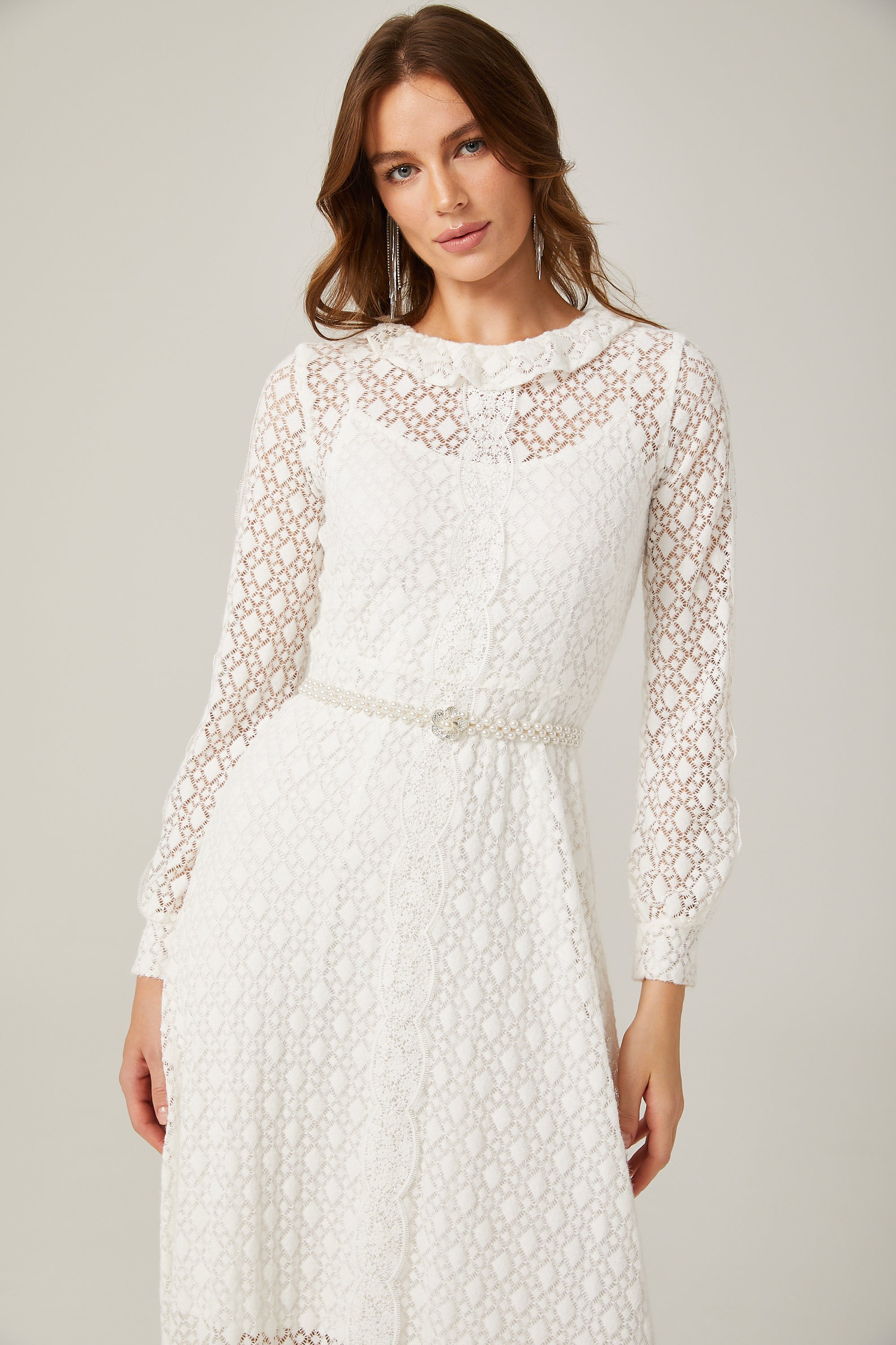 Aélis faux-pearl embellished lace-trim midi dress