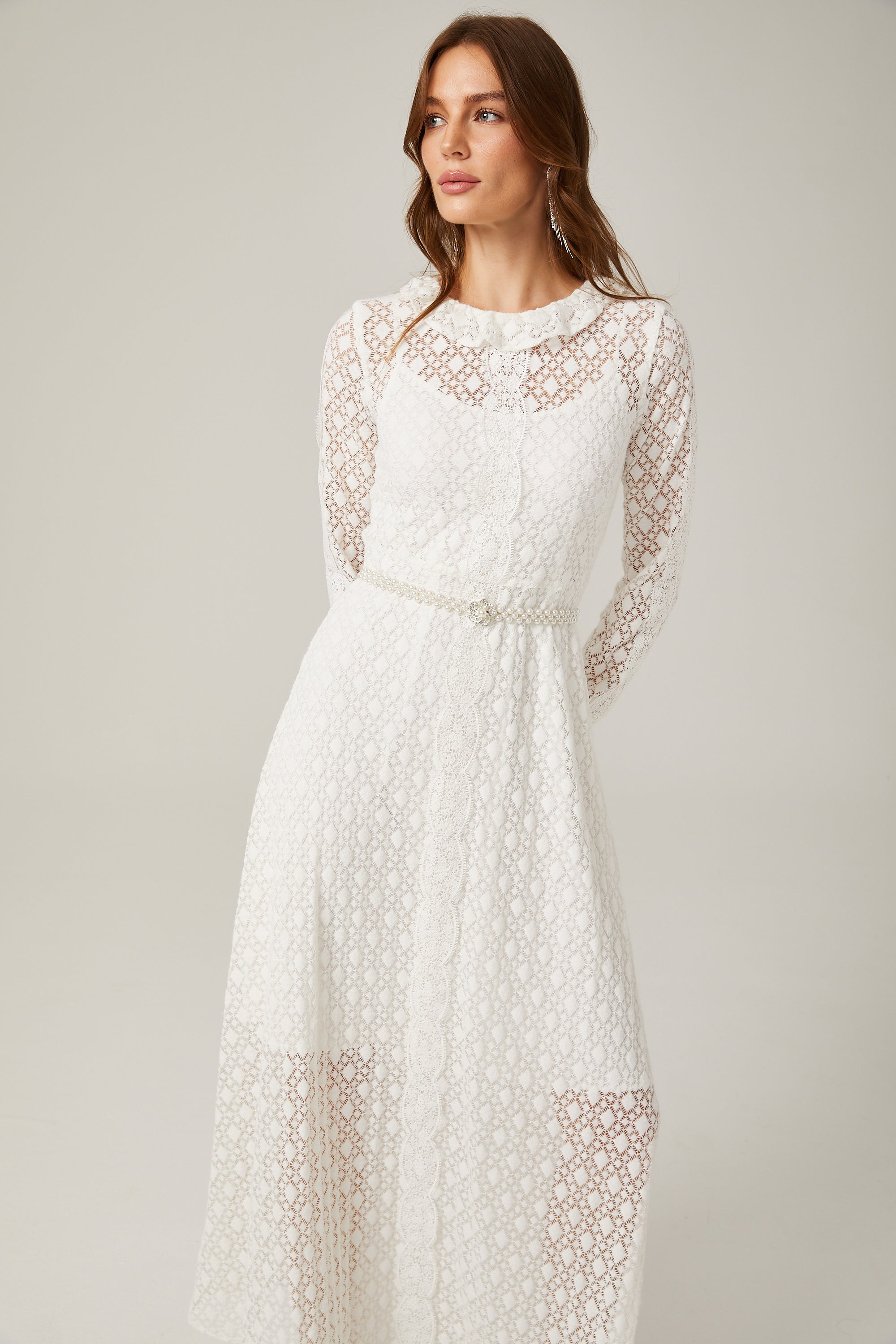 Aélis faux-pearl embellished lace-trim midi dress