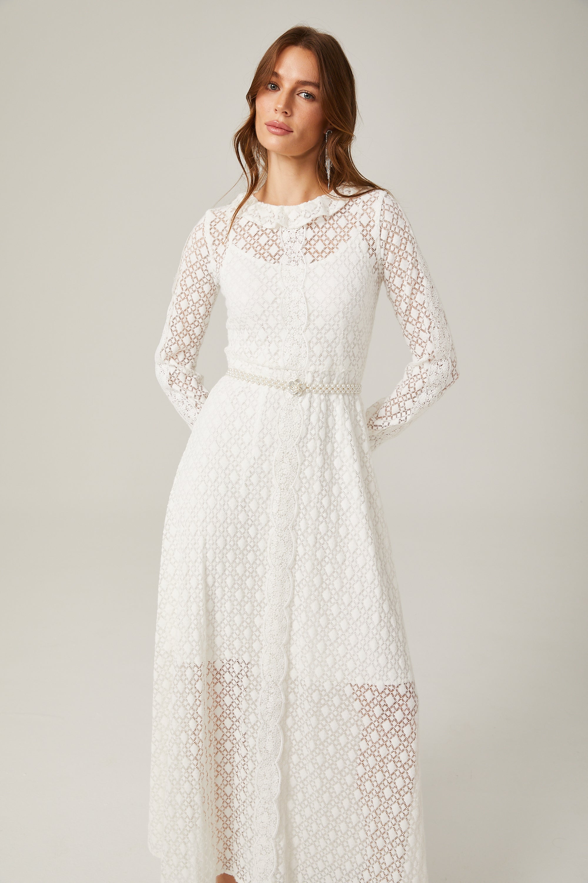 Aélis faux-pearl embellished lace-trim midi dress