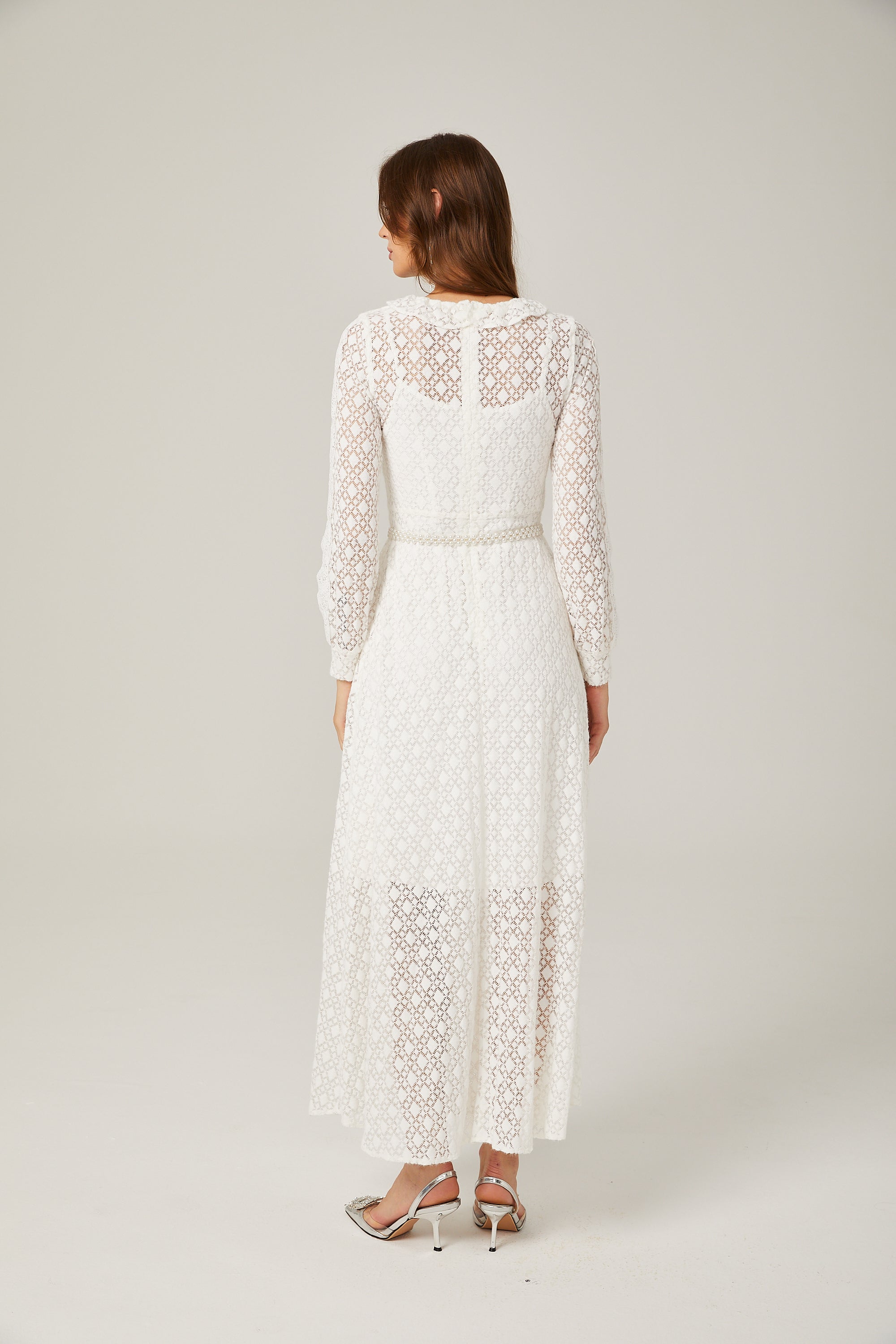 Aélis faux-pearl embellished lace-trim midi dress