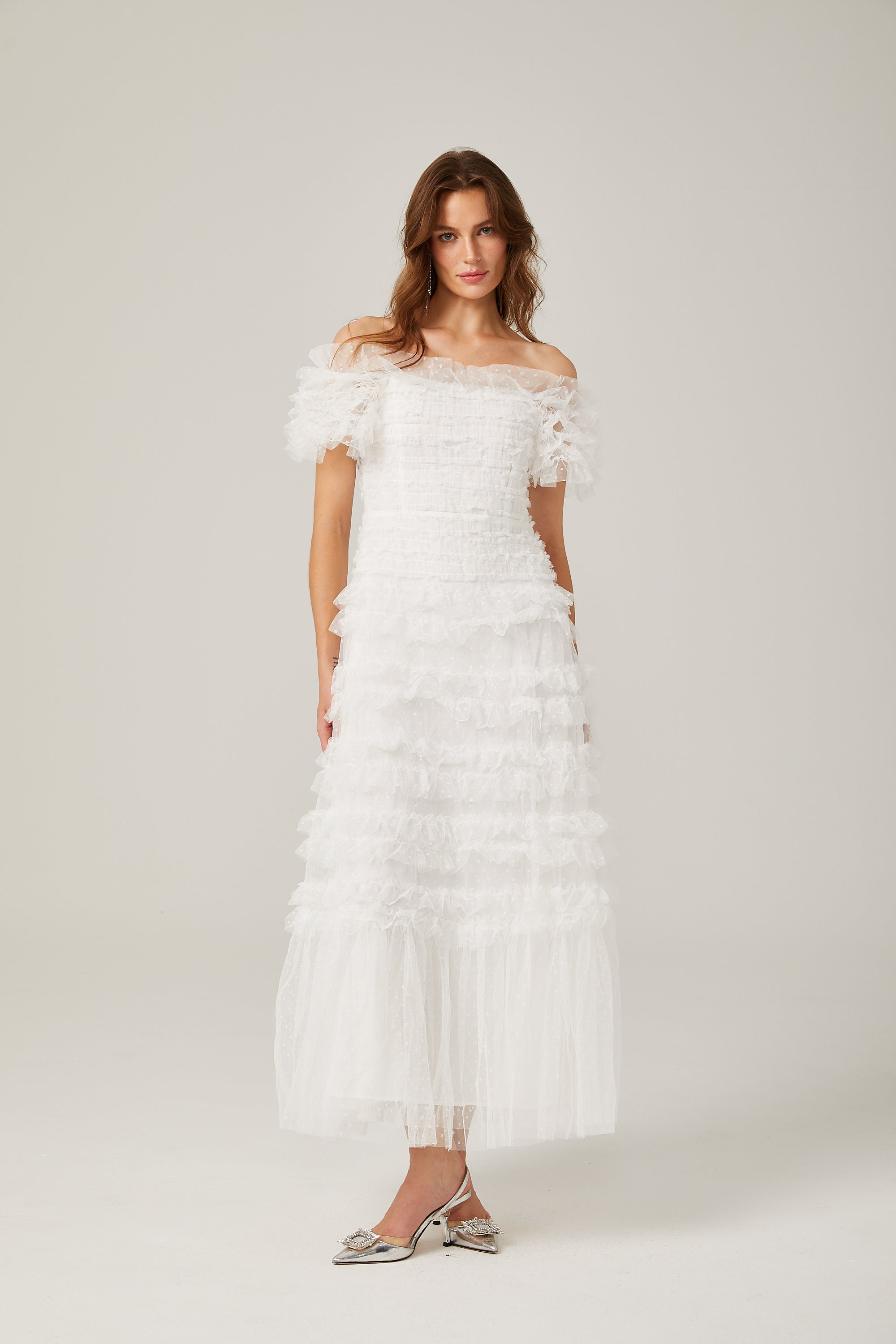 Philippine ruffled tulle tiered midi dress