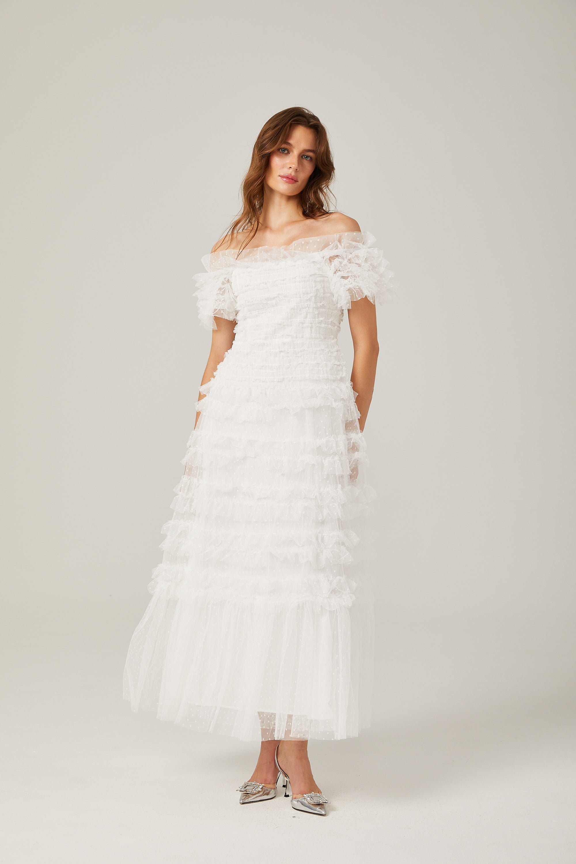 Philippine ruffled tulle tiered midi dress