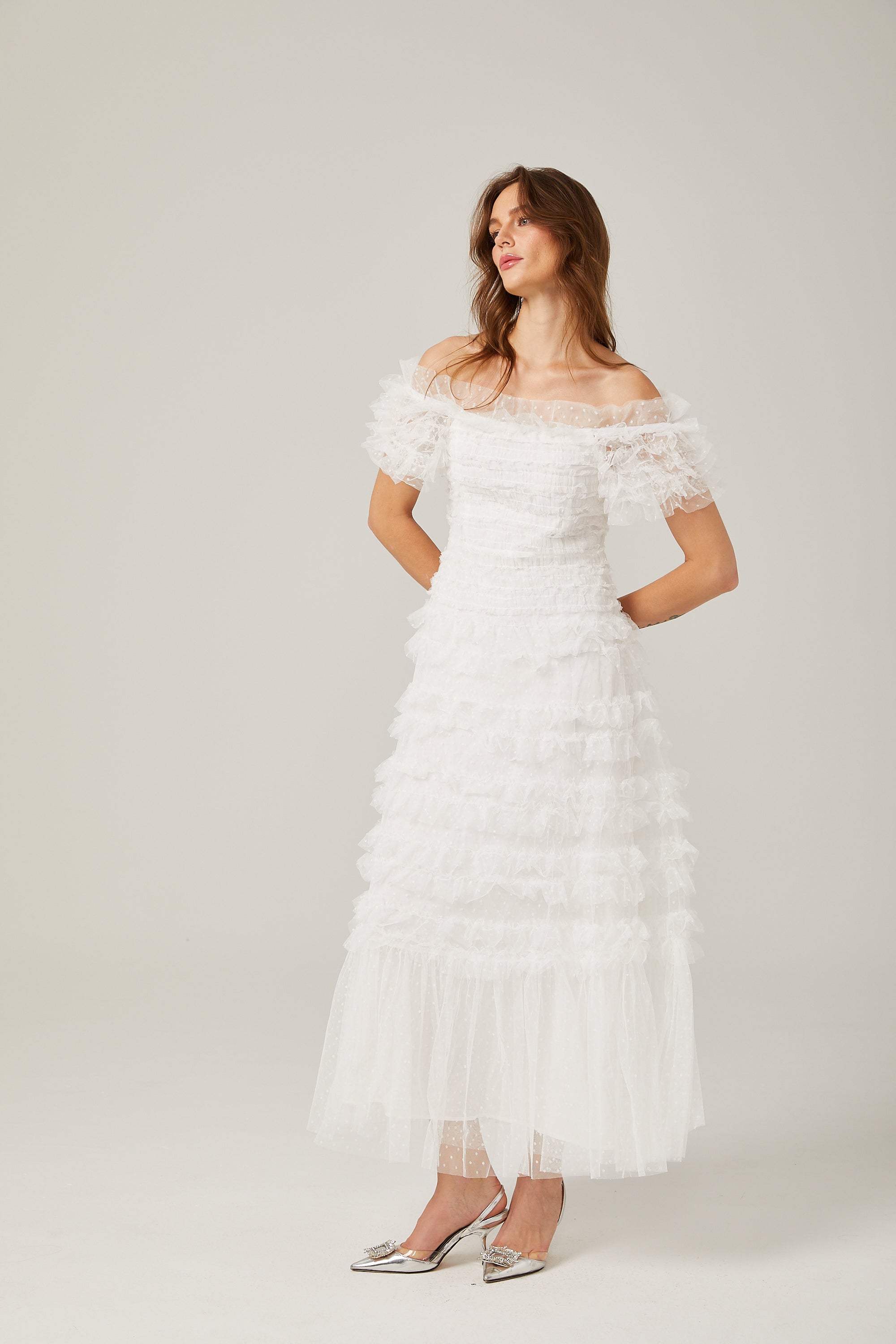 Philippine ruffled tulle tiered midi dress