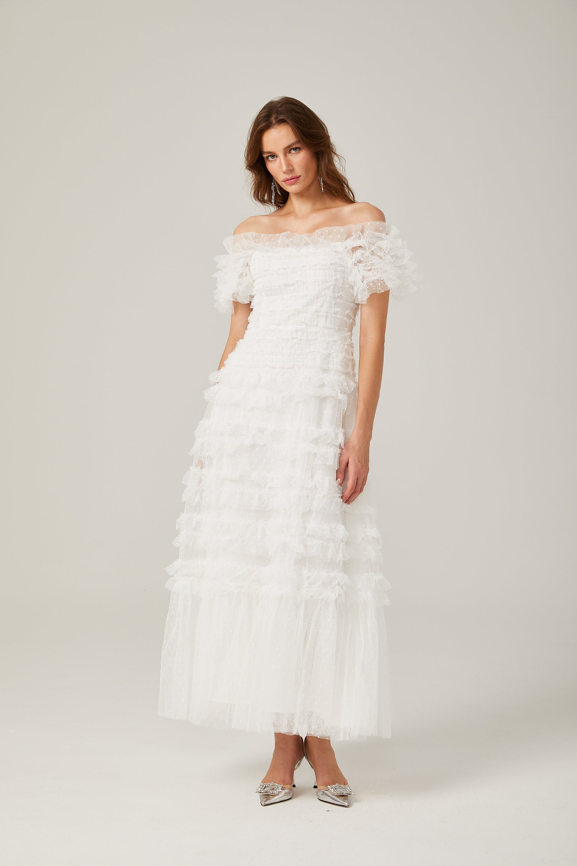 Philippine ruffled tulle tiered midi dress