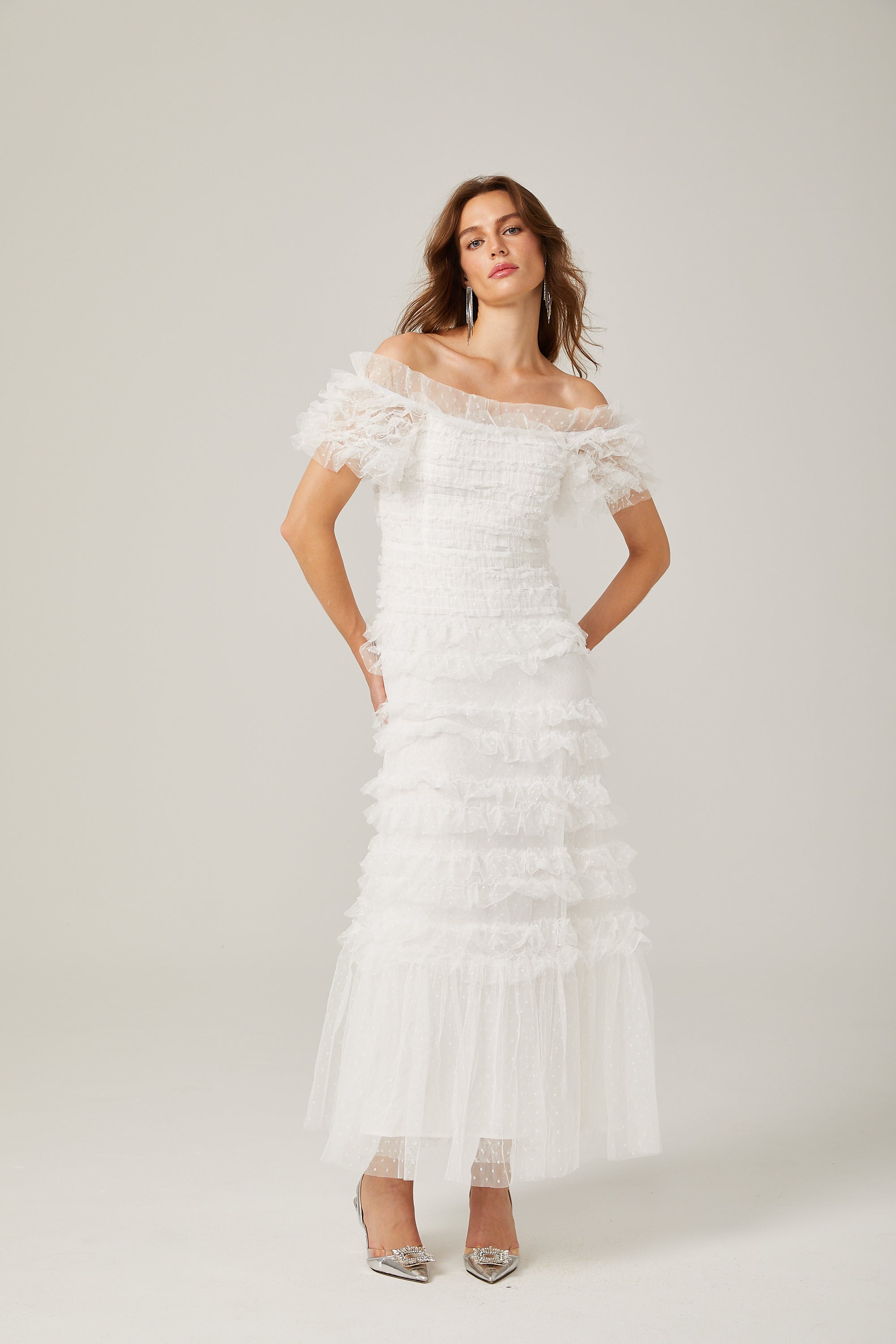 Philippine ruffled tulle tiered midi dress