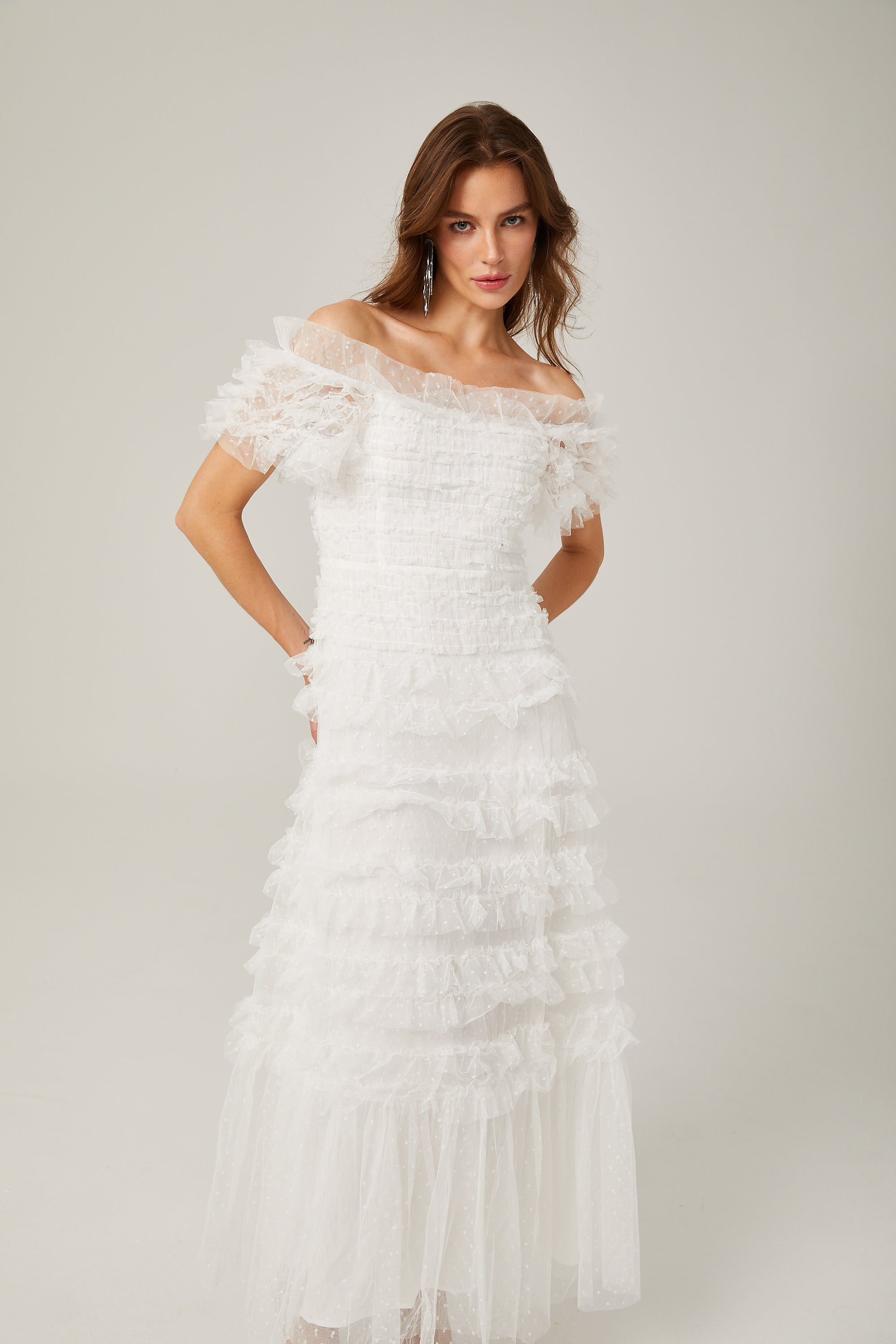 Philippine ruffled tulle tiered midi dress