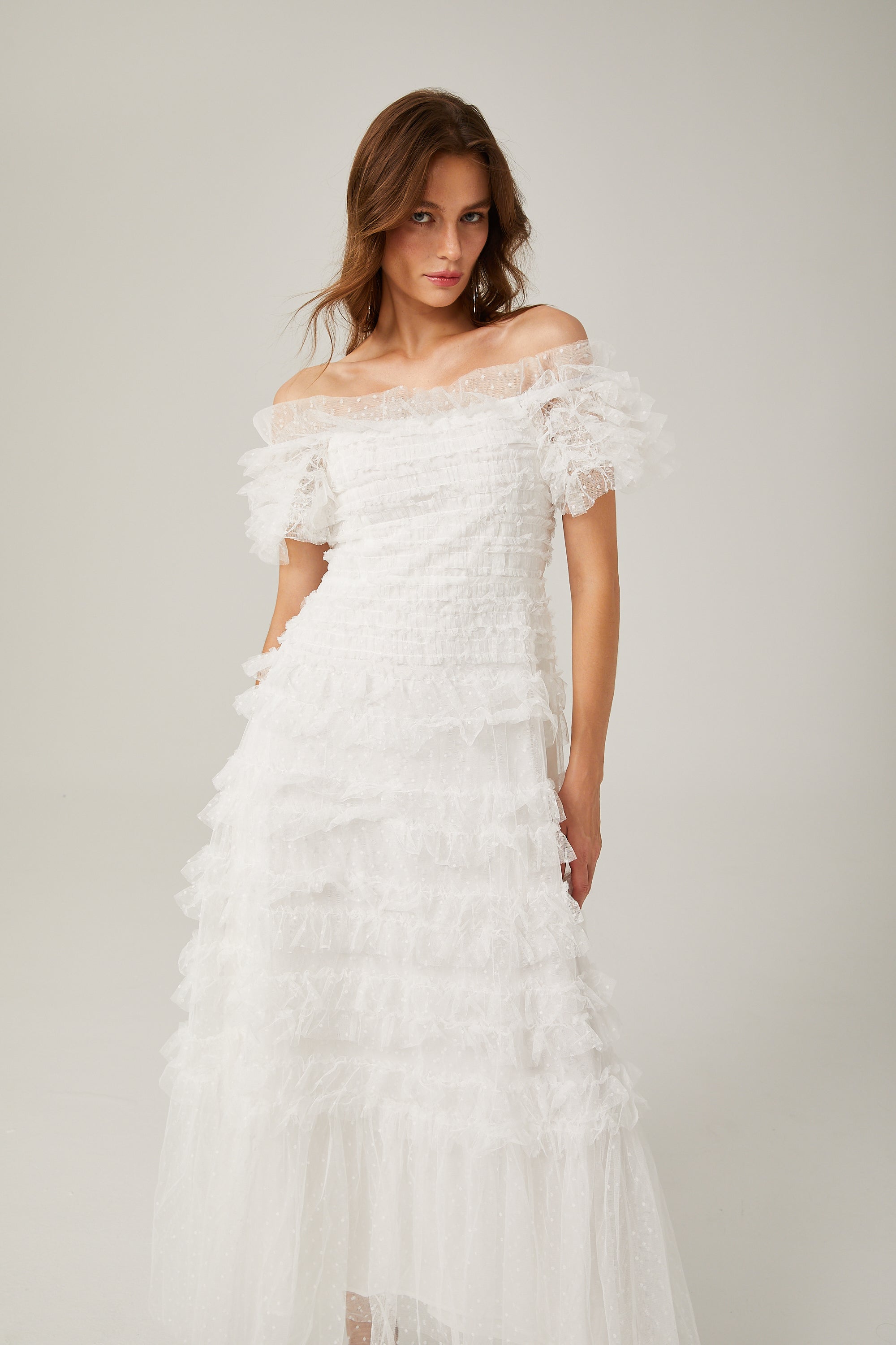 Philippine ruffled tulle tiered midi dress