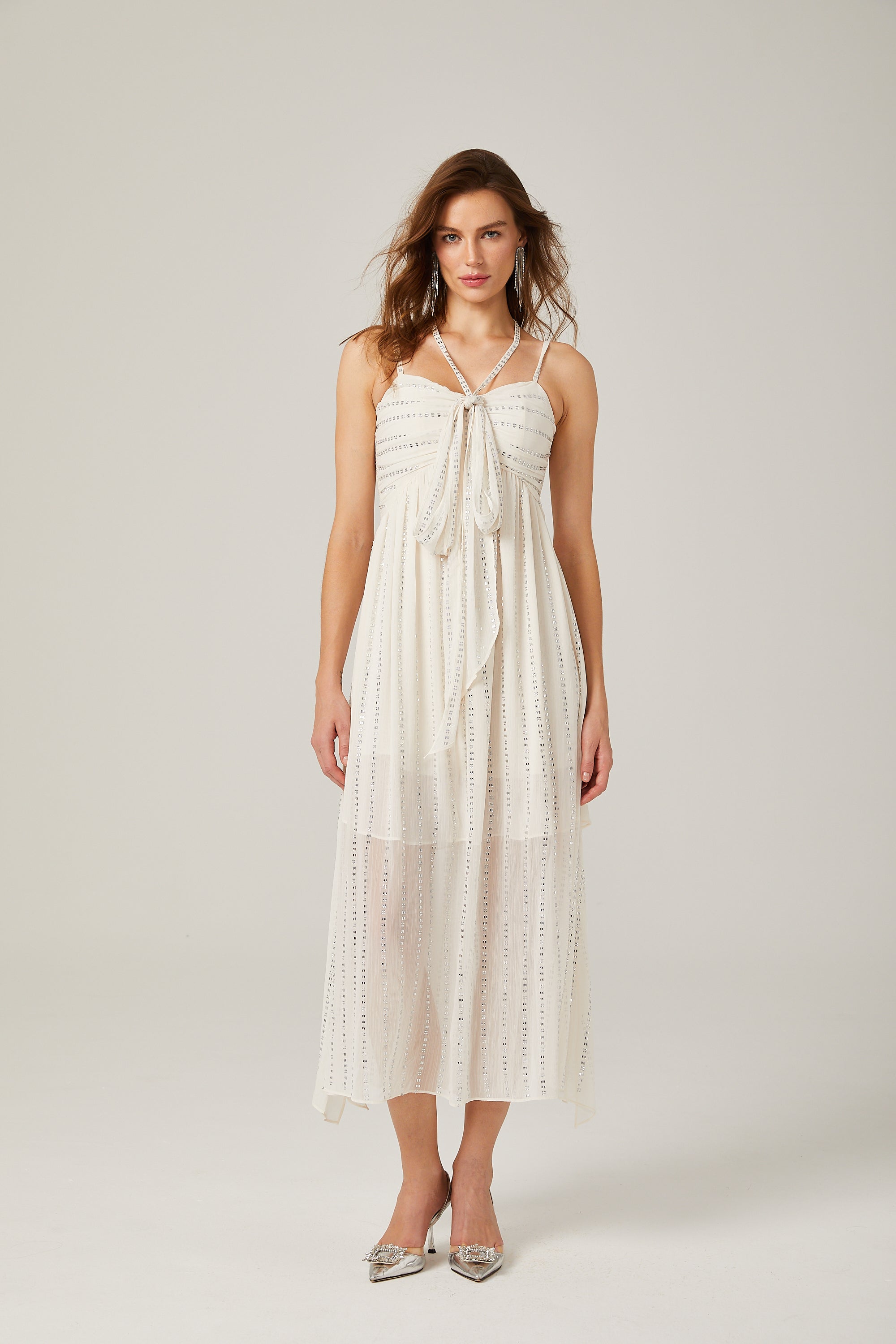 Adèle white pleated crystal-embellished midi dress