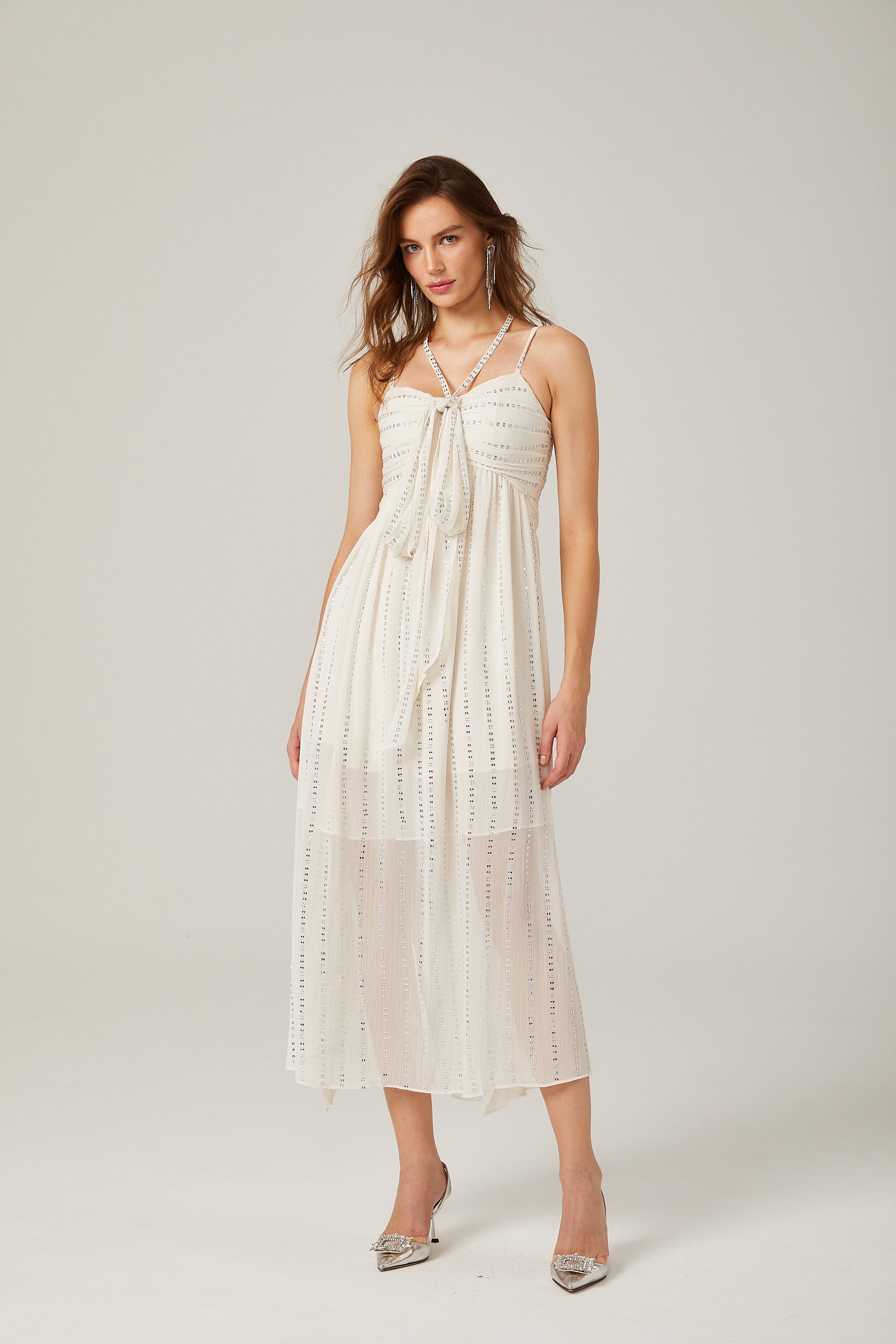 Adèle white pleated crystal-embellished midi dress