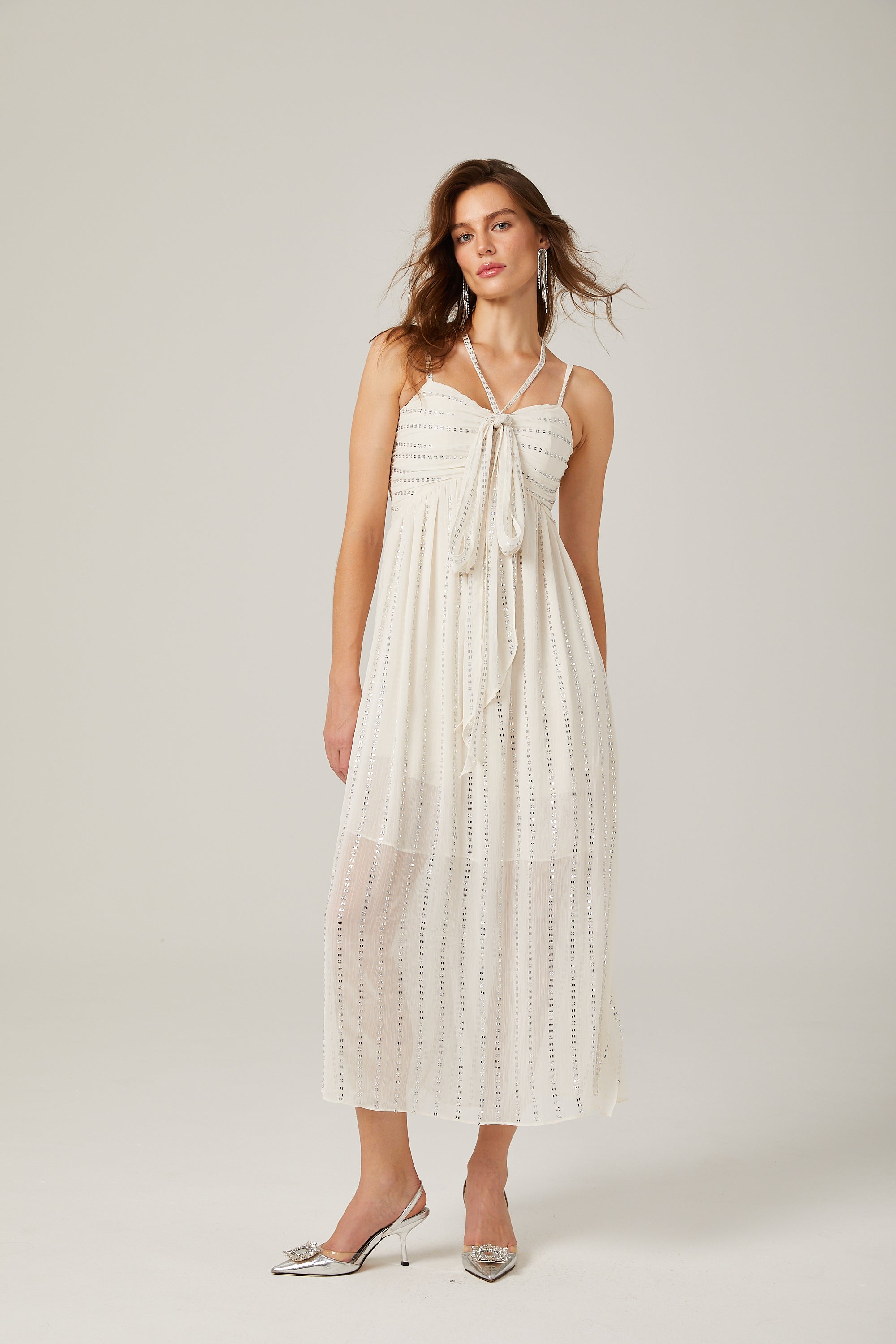 Adèle white pleated crystal-embellished midi dress