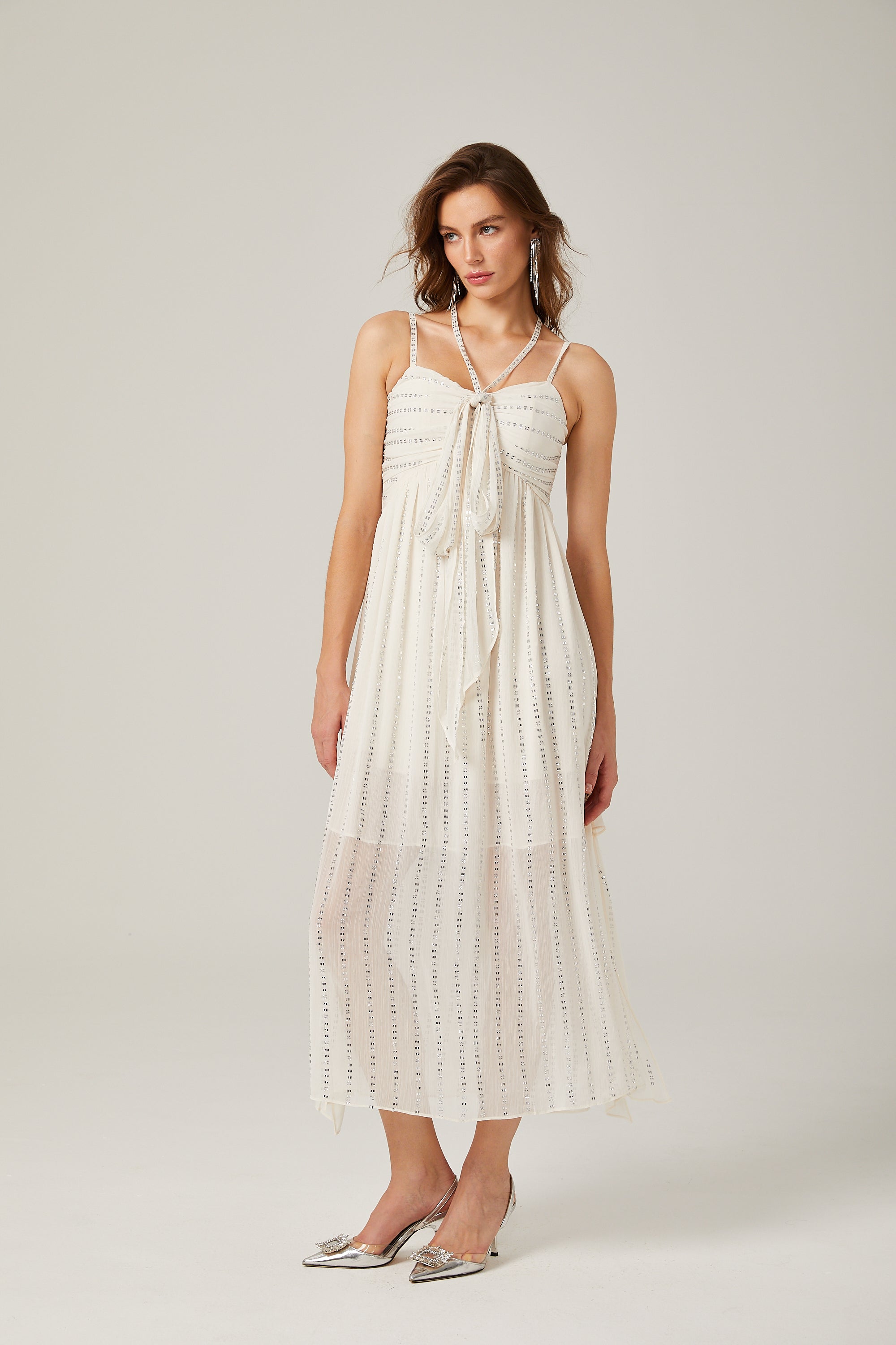 Adèle white pleated crystal-embellished midi dress