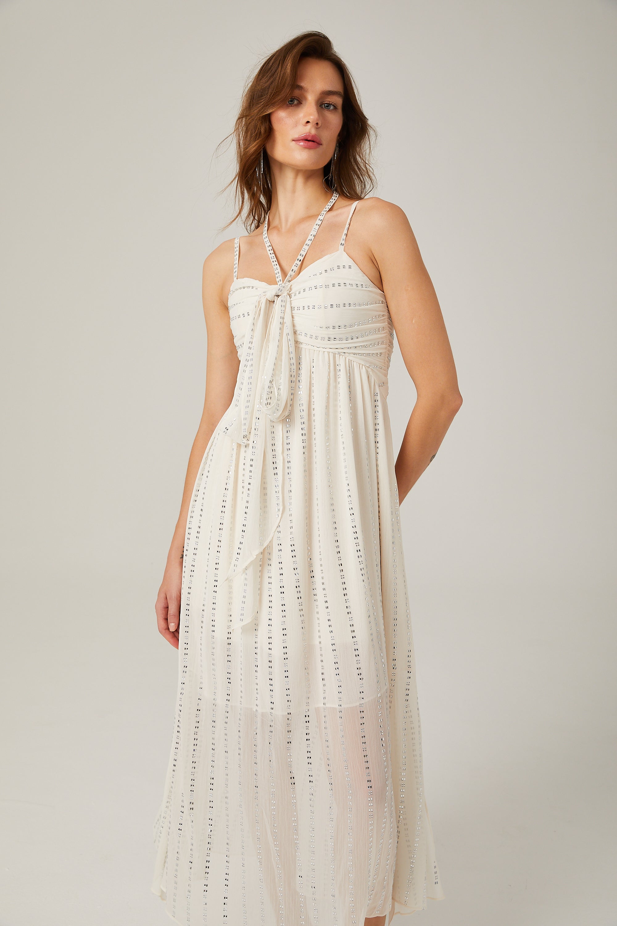 Adèle white pleated crystal-embellished midi dress