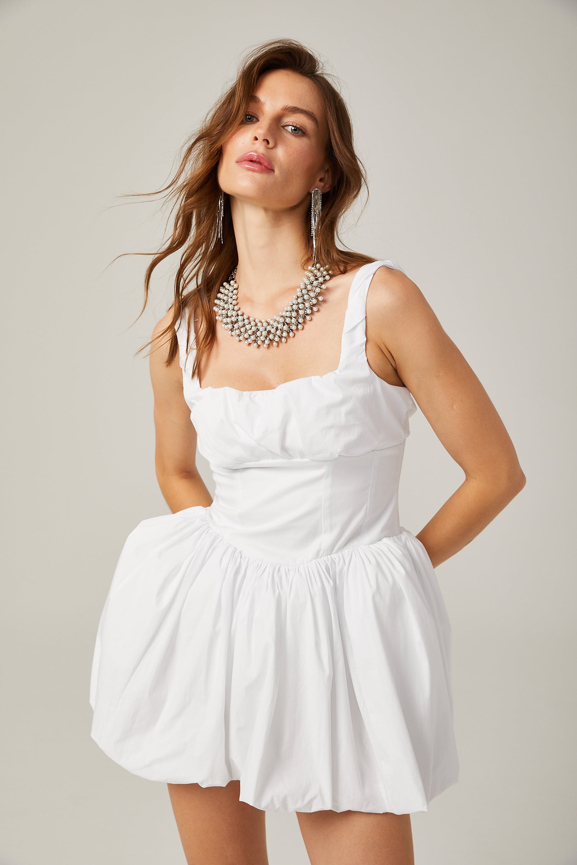 Anabella white pleated puffed mini dress