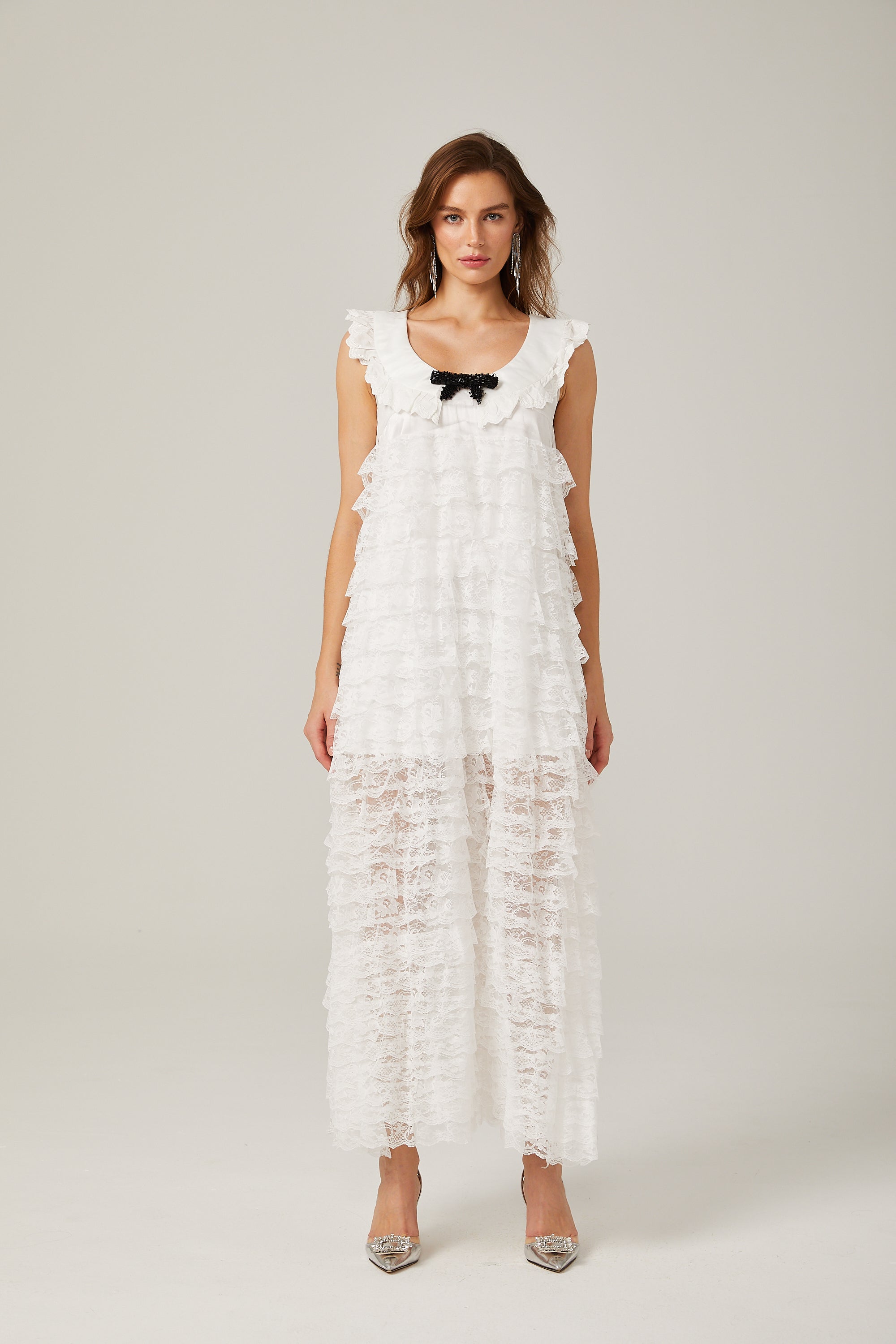 Alora white lace-trim tiered midi dress