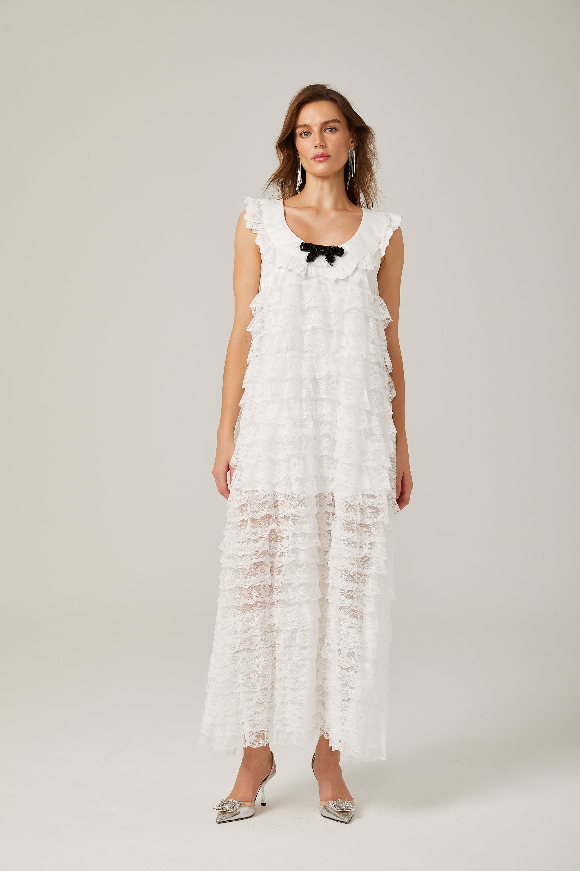 Alora white lace-trim tiered midi dress